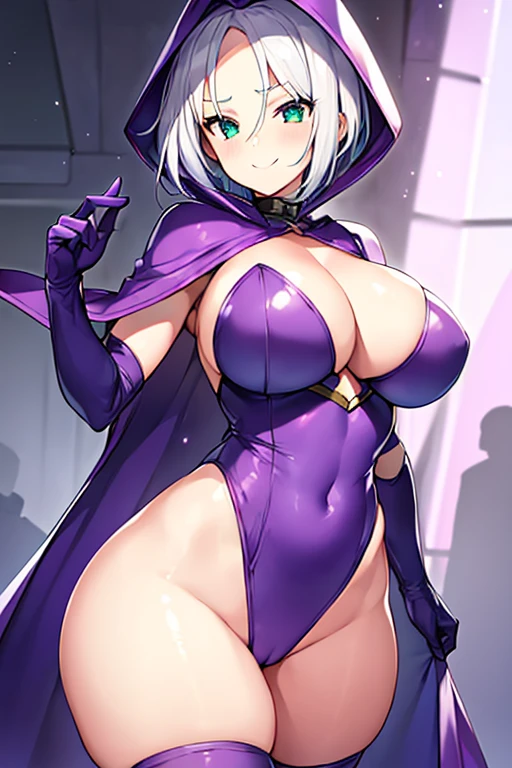 1girl, white hair, purple cape, purple hood, hood up, leotard, very short hair, short hair, breasts, large breasts, hourglass figure, thick thighs, wide hips, smile, green eyes, purple leotard, thighhighs, purple thighhighs, mature female, cleavage cutout, cleavage, ((shoulder pads)), shoulder pads, shoulder armor, gloves, forehead, ((forehead))