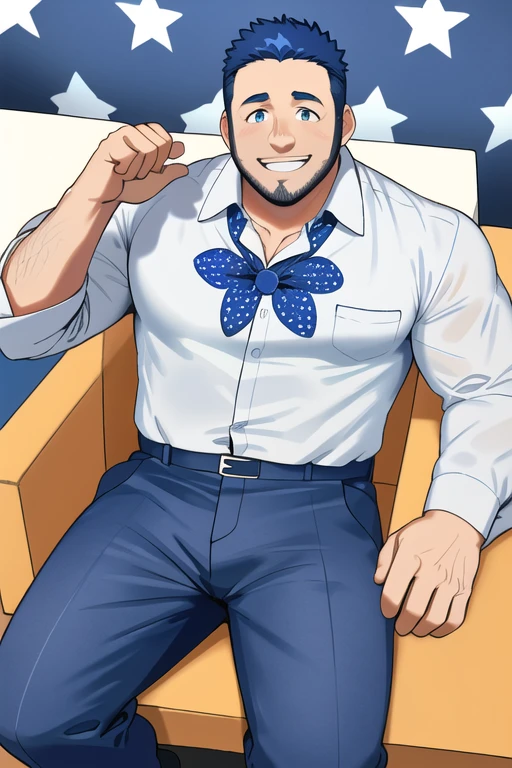 (((Kevin James Actor and Comedian Overview)))), (detalhado eyes, detalhado clothing, sorriso pretensioso, Sorriso Sedutor, Peito peludo, lying in desk chair, desk, noite,(Loose white oversized blue star pattern_boxeadores:1.3), (camisa branca aberta:1.2), (gravata vermelha removida),(posando),corpo todo