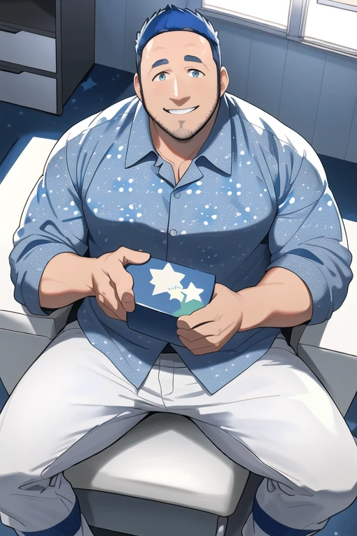 (((Kevin James Actor and Comedian Overview)))), (detalhado eyes, detalhado clothing, sorriso pretensioso, Sorriso Sedutor, Peito peludo, lying in desk chair, desk, noite,(Loose white oversized blue star pattern_boxeadores:1.3), (camisa branca aberta:1.2), (gravata vermelha removida),(posando),corpo todo