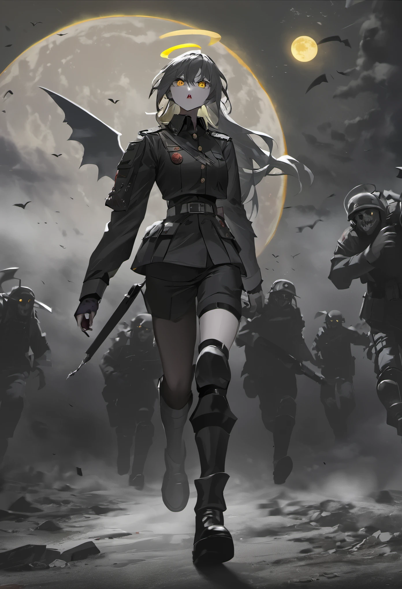 Yellow Moon, vampire, Bright eyes, glowing eyes walking on dead bodies, apocalypse, Armageddon background, apocalypse background, war background, beasts background, soldiers background, angel wings