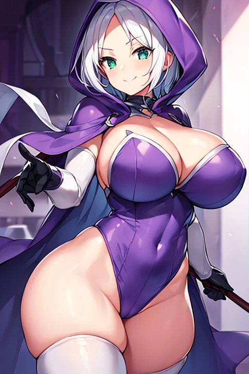 1girl, white hair, purple cape, purple hood, hood up, leotard, short hair, breasts, large breasts, hourglass figure, thick thighs, wide hips, smile, green eyes, purple leotard, thighhighs, purple thighhighs, mature female, cleavage cutout, cleavage, ((shoulder pads)), shoulder pads, shoulder armor, gloves, forehead, ((forehead))