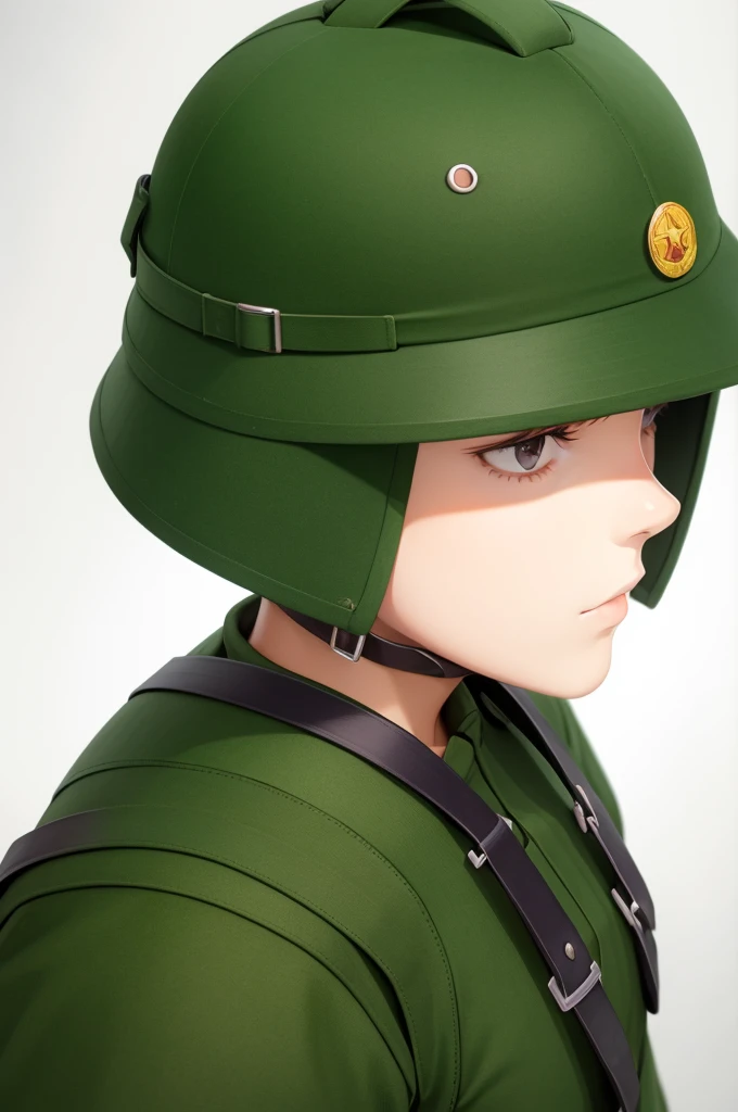 1 Girl,Wearing a soldier shirt, Vietnamese, pith, helmet, Green headdress, whole body, carry gun