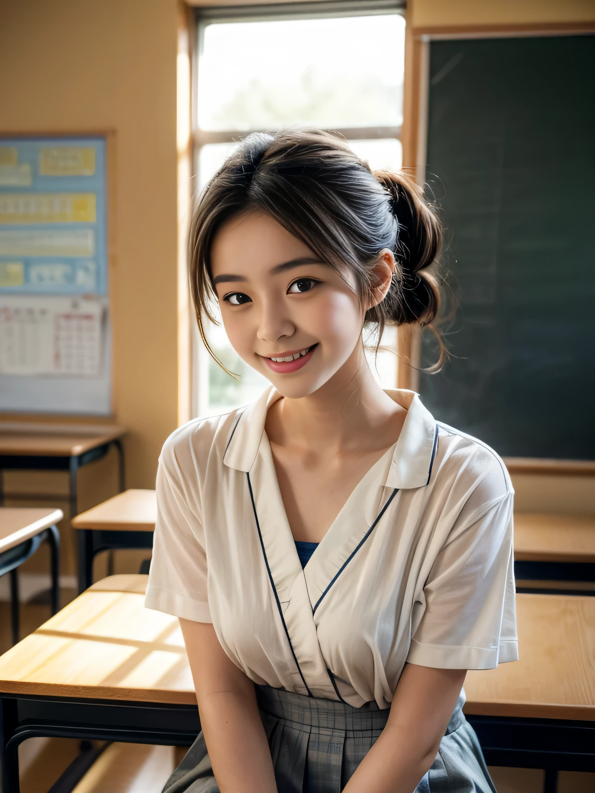 12 years old child, hair up, super big hair up, full Japanese student school uniform, (smile:1.2), background classroom, (photorealistic:1.2), (ultra realistic:1.3), (very detailed:1.1), ((masterpiece)), big round breast,