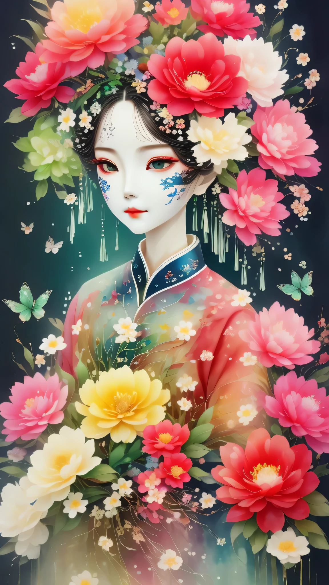 watercolor painting：1.37，wet，Flowing water marks。1 puppet，mechanical doll，Empty gaze among flowers，White mask surrounded by flowers，3D Mask，Clipping Mask，Flowing Hanfu，ColoRed clouds，Glowing insects，Black，Red，green，Light and Shadow，Actual situation，perfect composition，