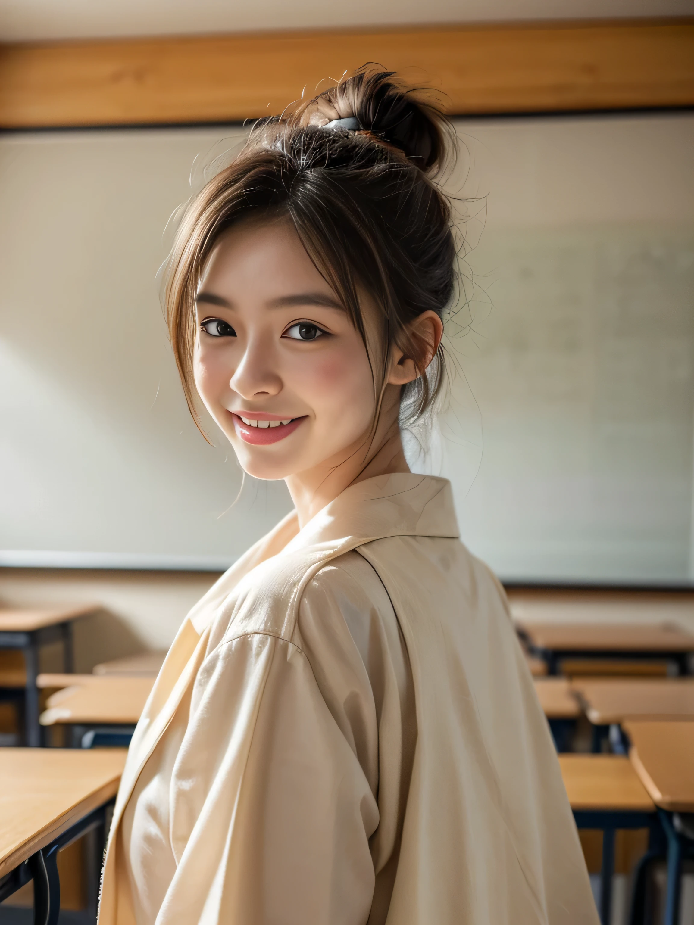 child, hair up, super big hair up, full Japanese student school uniform, (smile:1.2), background classroom, (photorealistic:1.2), (ultra realistic:1.3), (very detailed:1.1), ((masterpiece)), big round breast,