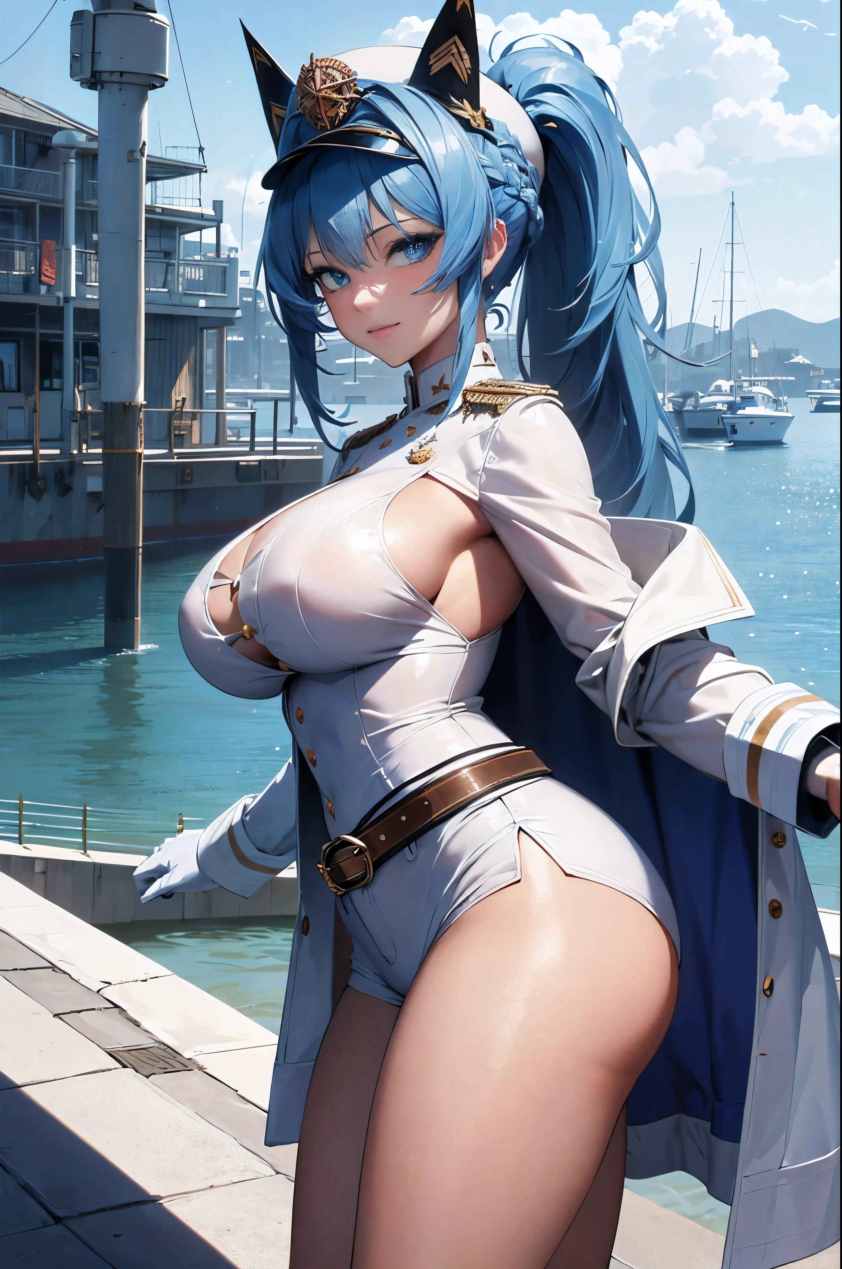 ((anime girl)), best quality, expressive eyes, perfect face, (masterpiece), best quality, perfect face, ((best quality)),  ((an extremely delicate and beautiful)), perfect eyes, perfect body, ((details pupils)), ((synmetry eyes)), beautiful eyes, ((blue eyes)), (large breasts),(wide hips), thick thighs, shiny skin, soft skin, ((ponytail)),  clean skin,  absurdres, (masterpiece),(ultra-detailed:1.2),(highres),elaborate, cowboy shot,1girl, helm,  blue hair, long hair, bangs, hair intakes, military hat, hairband, military uniform, buttons, aiguillette, epaulettes, white coat, armband, white belt, white gloves, white shorts, simple background , smile , (the background of a harbor), deatailed background , (from side:1.2 )