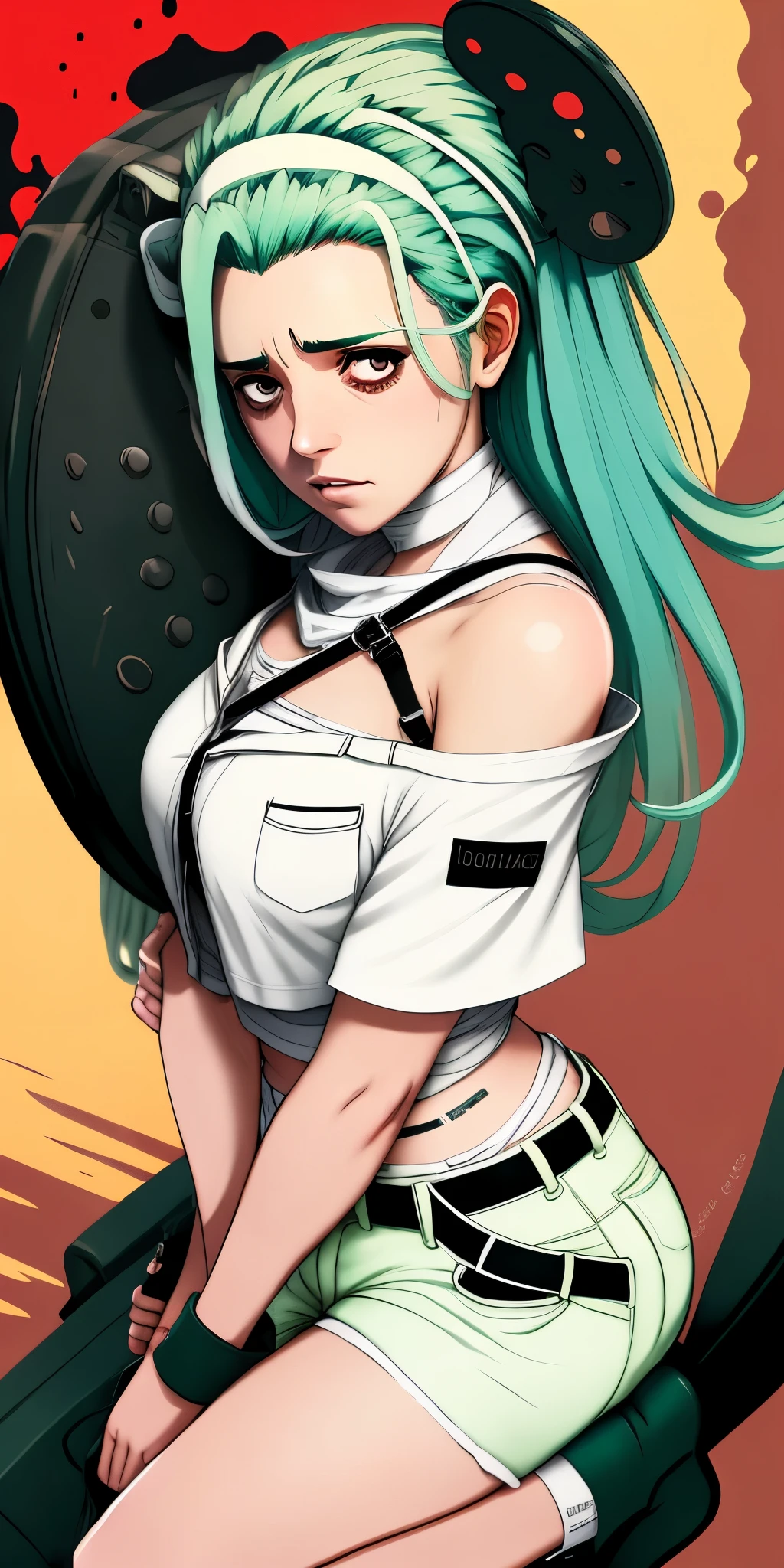 (masterpiece, best quality: 1.2), solo, 1girl, A.B.A, expressionless, looking at the viewer, seiza, hair over one eye, green hair, key on the head, dark circles under the eyes, blood on clothes, shorts, (gloves without fingers :1.1), bandages