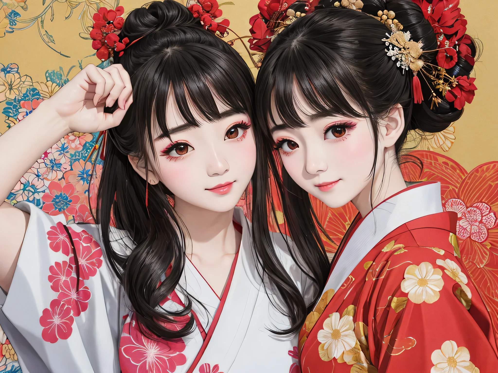 Each has a different expression２People and sisters、(２ girls）、｟Dancing traditional arts with grace)、((Big Breasts、Small Face、Not exposed))、highest quality、masterpiece、（Black Hair、Bun Hair）、Brown Eyes、｟Wide angle、Angle from above the waist、Pause on the magazine cover、Each person has a different perspective when looking into the distance｠、(８K high quality、masterpiece、High resolution、Realistic and beautiful light and shadow、(highest quality)、(High Resolution)、(Very delicate and beautiful)、(Beautiful 8k face)、(Smiling and closing your eyes、Beautiful eyes)、(Clear skin)、(Soft hair)、(８Head to Body)、(A Japanese style yukata kimono with red, pink and orange floral patterns on a white background, interspersed with gold powder、Wearing a yukata２Beautiful Japanese girls)、((Tanabata decoration background))、((Small Face))、(arms up)、Thin and small nose、（Red lipstick）、（Make your cheeks red）、（Glossy skin）、((Ink painting style))、Very thin eyebrows、Overall ultra-high image quality、（She is wearing maiko-style makeup.）、Whitening、Long and beautiful eyelashes、Glowing Skin、（Red cheeks）,Straight nose、masterpiece、highest quality、whole body、 Eyebrows visible through hair、Bun Hair、Grin、Gal、Kogal、Viewer&#39;s Eyes、Plaid、Stylish、woman、fine、Pause、
Waiting to start 
