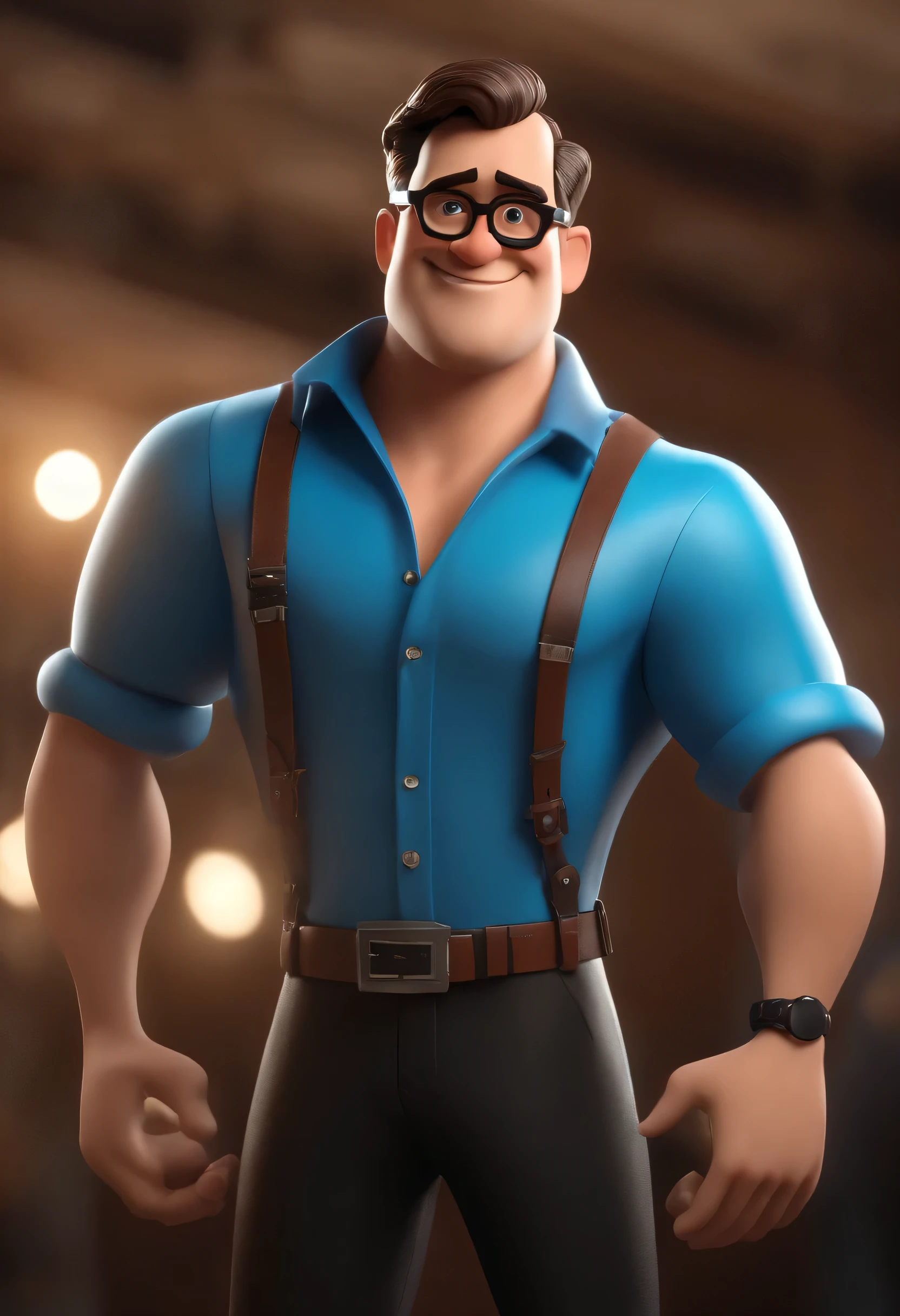 Cartoon character of a man in black glasses and blue shirt, animation character, Caractere estilizado, animation style rendering, 3D estilizado, Arnold Maya rendering, Stylized 3D rendering, toon render screenshot, Personagem 3D, Personagem 3D, Stylized 3D rendering, 3D character rendering, personagem de desenho animado, Personagem de close up, Pose de personagem, (Estilo Pixar) (parte mestre:1.2) (Bokeh) (melhor qualidade) (pele detalhada) (textura detalhada) (8k) (argila) (cinematic lighting) (sharp focus