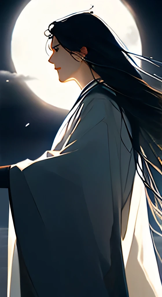 ผู้man,man,purple hanfu,long black hair,Long, flowing hair,Wide coat with large sleeves,Ancient Wind,solid color clothing,The clothes do not have any patterns.,laugh,soft light,water ink,Behind is a full moon.,low saturation,low contrast,Floodlight