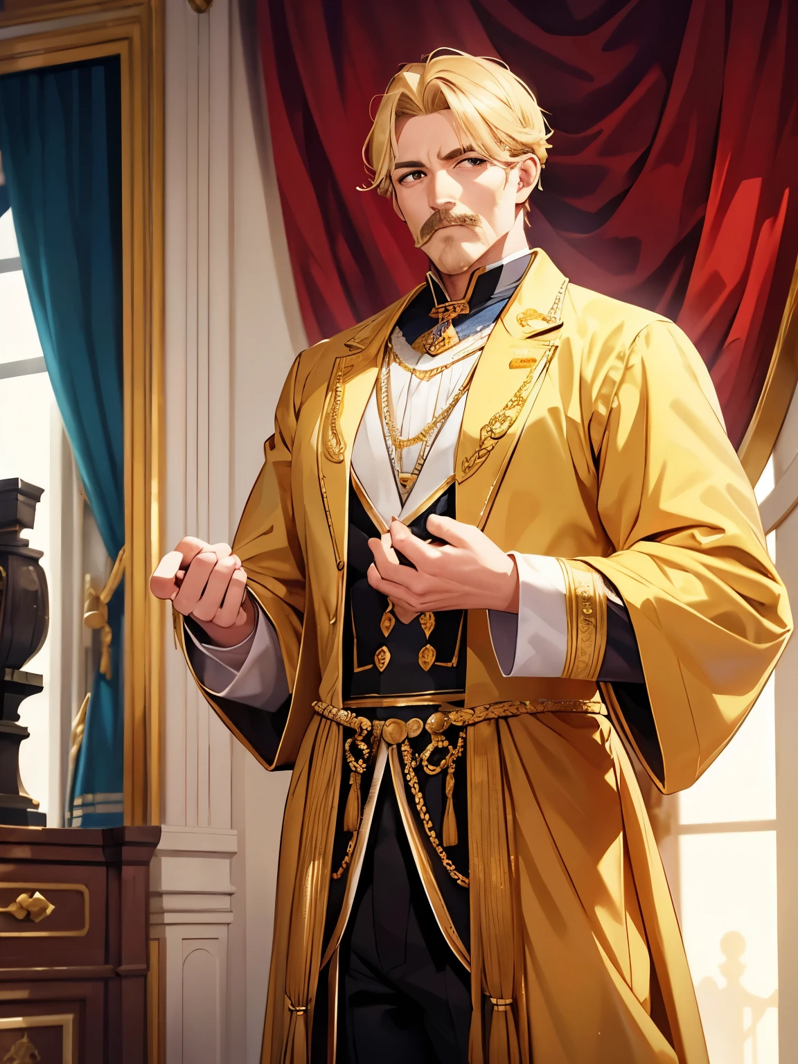 King standing in the royal palace,thin, muscular body,Hands on chest, respectful pose, short hair, mustache, 35 years old, blonde hair, Blonde mustache, royal clothing,standing in the royal bedroom,ultra detailed,close up photo