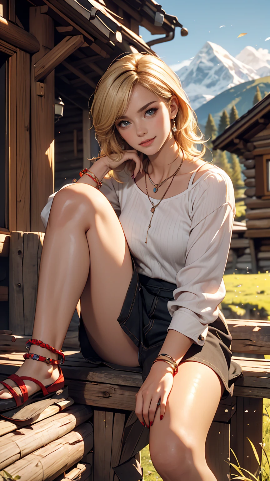 ((最high quality, 8K, masterpiece: 1.3, Ultra HD, high quality, 最high quality, High resolution, realism)) 、A 22-year-old extremely beautiful white woman、Hair color blonde、blue eyeedium Hair、Straight Hair、smile、Slender but well-proportioned body、Background blur((depth of field))、Aerial perspective((atmospheric perspective))、I want my head to stay off screen、Put an anklet on your ankle、Wearing red nail polish、I have a peticure、Heidi, the girl of the Alps、Grassland in the Alps、I'm in a log house、The Alps can be seen in the distance