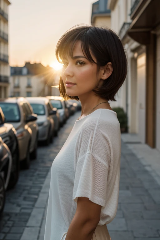A photorealistic image of a 50-year-old woman in full height, with a fashionable short haircut, luxurious dark hair and captivating brown eyes, filming a photo shoot for a Parisian brand. Her expression should be natural and inviting, illuminated by the soft, warm light of the golden hour. The shooting location is a picturesque outdoor landscape, a sunlit beach. Take a high-resolution picture using an 85mm lens to get an attractive angle.