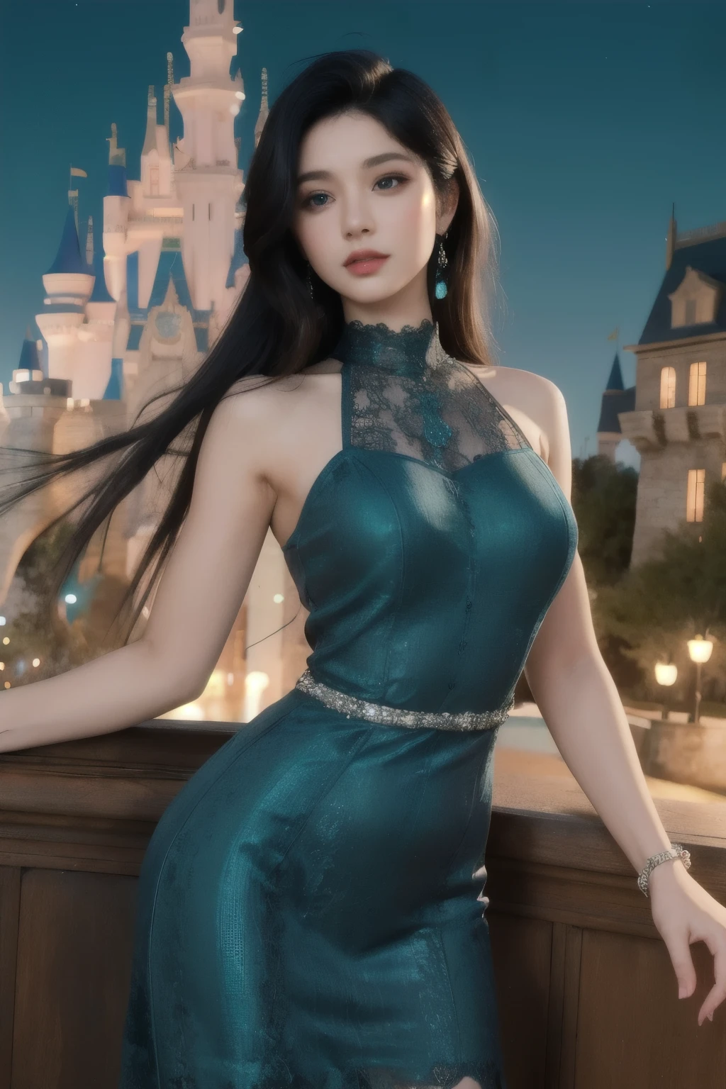 8K, ultra HD, masterpiece, realistic, 1 girl, good face, smoggy makeup, very long hair, princess hairstyle, detailed eyes, detailed lips, medium figure, very detailed dress, (teal dress:1.5), (strap:1.5), (lace:1.5), (net stocking:1), (jewelry:1.8), ((disney castle)), night sky, water, bloom lighting, night lighting, darkness, attractive poses, sexy pussy 