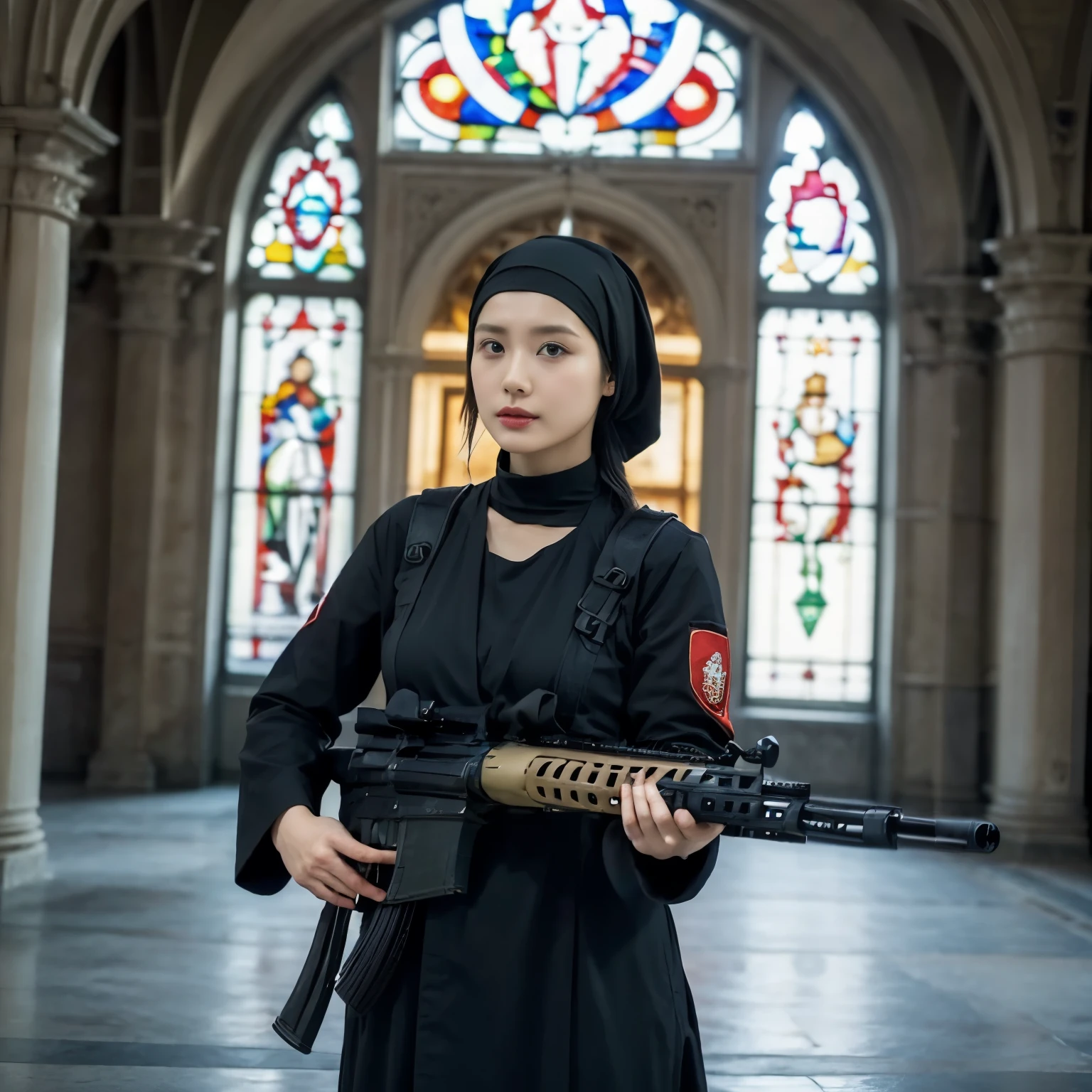 A beautiful nun、very beautiful、Wearing a monk's robe:1.3、Cowboy Shot、Big Breasts、(Skinhead:1.55)、(Aiming the Groza assault rifle at the viewer:1.67)、Dynamic Pose、Standing at the altar of the chapel、Stained glass、Hymns、
