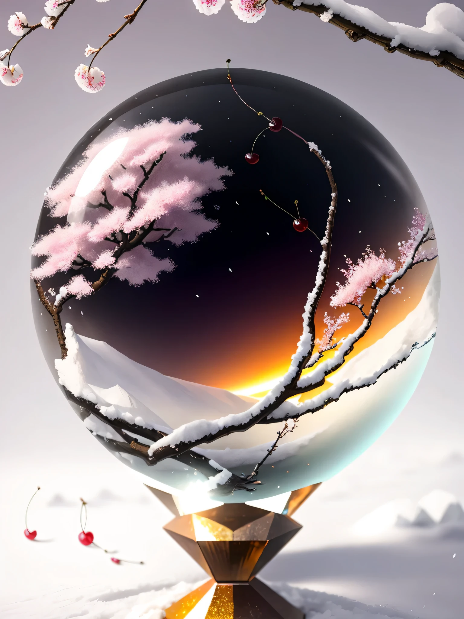 glitter, gorgeous and amazing natural depth-of-field photo, blooming beautifully in snow, transparent petals, clear petals, fog, beautiful scene, artistic, stunning, moving, hyperrealism, 16K high resolution, Unreal Engine, soft light, (one cherry tree trapped in a crystal sphere: 1.4), (very clear focus: 1.4), (thaw: 1.2),