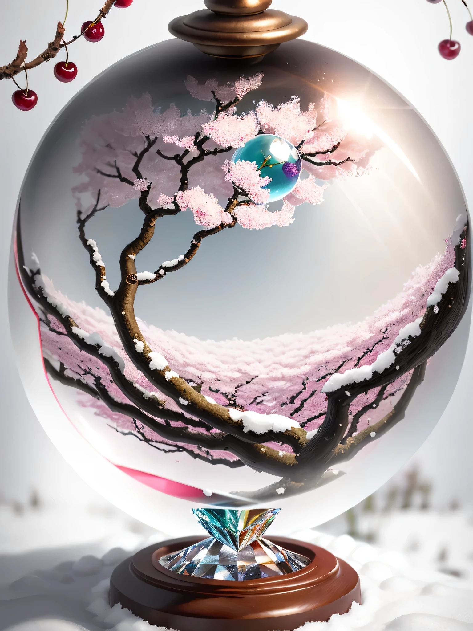 glitter, gorgeous and amazing natural depth-of-field photo, blooming beautifully in snow, transparent petals, clear petals, fog, beautiful scene, artistic, stunning, moving, hyperrealism, 16K high resolution, Unreal Engine, soft light, (one cherry tree trapped in a crystal sphere: 1.4), (very clear focus: 1.4), (thaw: 1.2),