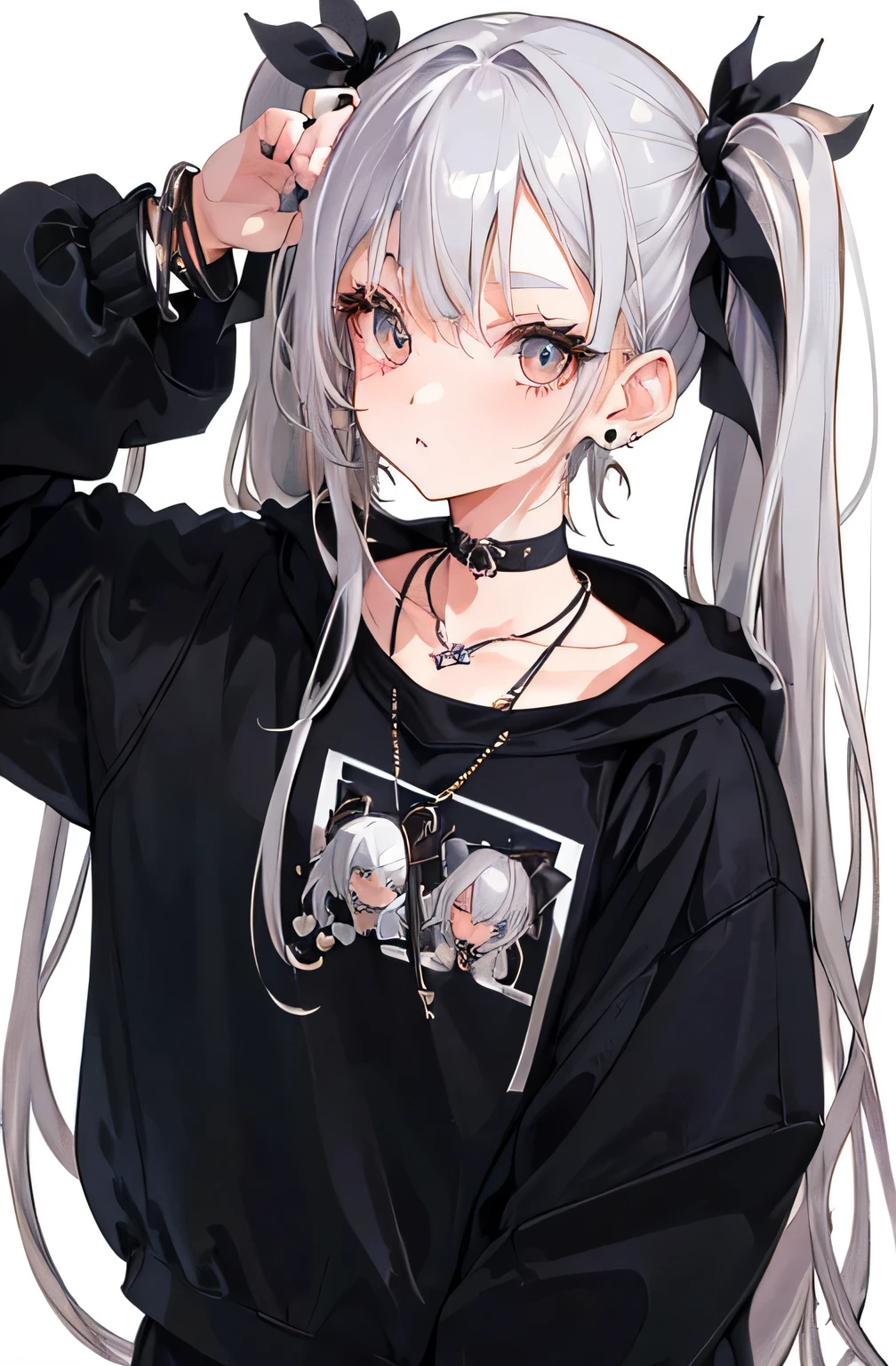 high quality, Rich in details, A girl with silver hair and twin tails poses cutely. She&#39;s wearing a vintage gothic street hoodie with a ring on it., bracelet, earrings and necklace. I can see big things. The photo is a close-up of the face, It also has a sporty atmosphere.