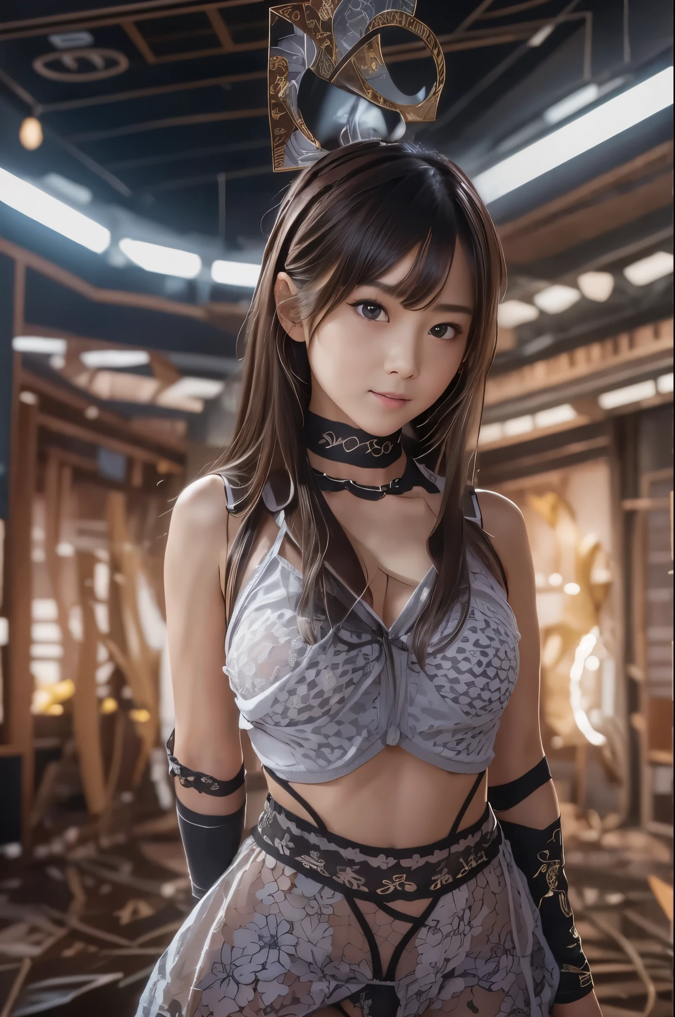 (RAW Photos:1.2), (Realistic), Beautiful detailed girl, Very detailedな目と顔, Narrow and beautiful eyes, Large file size, High resolution, Very detailed, highest quality, [Tabletop:1.6], shape, Very detailed, The finer details, highest quality, 8k wallpaper, Cinema Lighting, 15 year old Japanese female heroine, A devastated future、god々In a world destroyed by,In underwear, かわいらしいIn underwearの***, I see a cute bra, I can see her cute panties, Young Face, Slender body, Small breasts, Exposed underwear,  god々Resisting women, Women&#39;s Resistance, City in Ruins