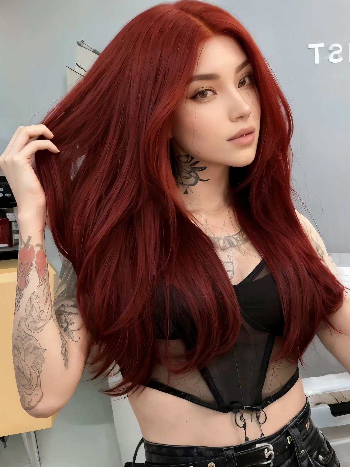 Arafa woman with red hair and tattoos posing in a beauty salon, brown cabelo longo ruivo, long cabelo ruivo escuro, cabelo longo ruivo, cabelo ruivo longo e brilhante, longos cabelos ruivos, longos cabelos ruivos, cabelo ruivo escuro, red hair and attractive features, with longos cabelos ruivos, long, flowing red hair, com cabelo ruivo escuro, tom vermelho forte, cabelo ruivo longo e liso