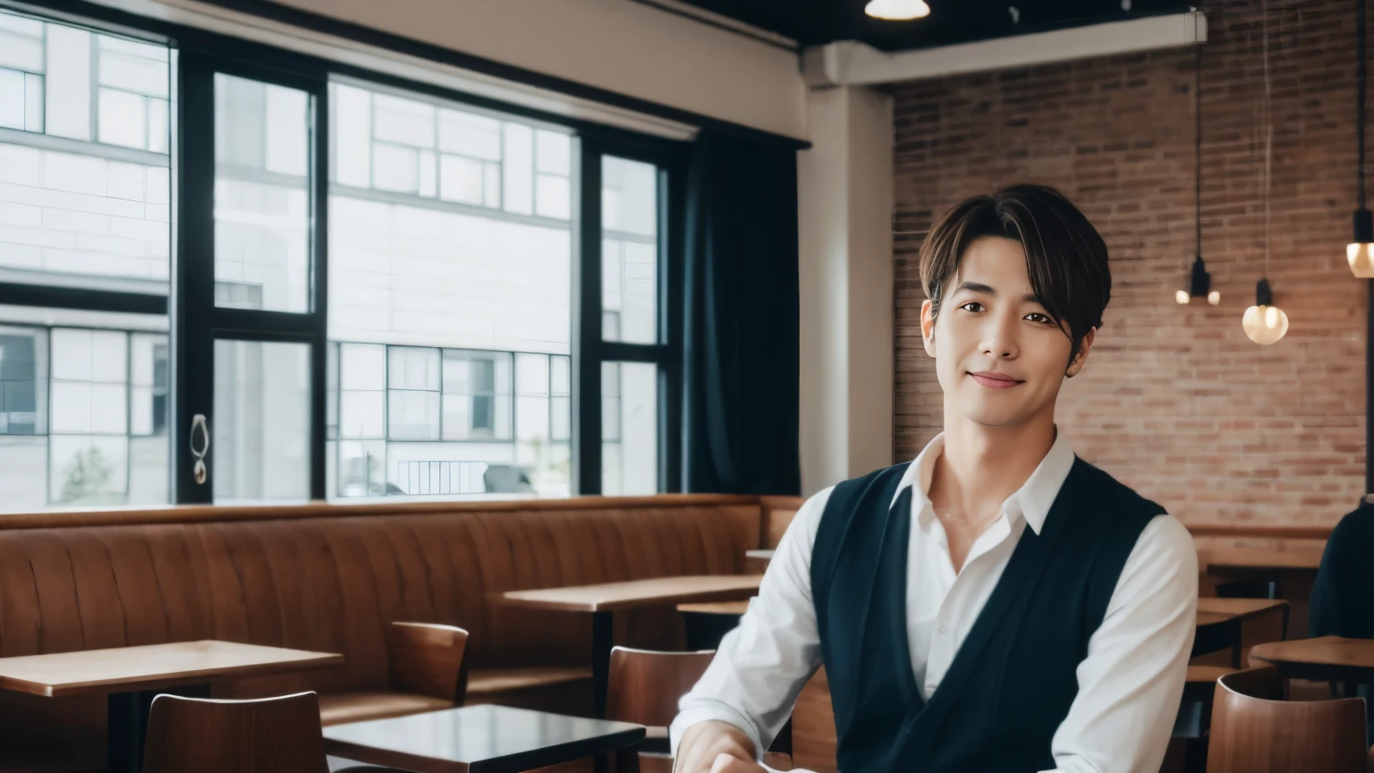 musician、Refreshingly handsome man in his 40s、(Super cool S-class boys)、Japanese male, 40 years old、、Photographed inside the cafe、a handsome guy、(CG Unity 8K high resolution photo)、(Very detailedSクラスのa handsome guy性)、(Photorealistic)、(highest quality))、Very detailed、super high quality、expensive、Audience、kind person、Very beautiful hair Perm Hair、Bright photo、Handsome like a model、Handsome like an idol、looking at the camera、Inside a stylish cafe