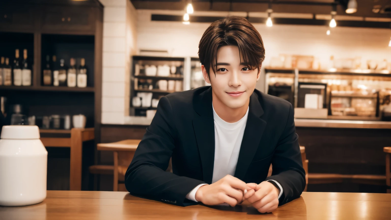 musician、Refreshingly handsome man in his 40s、(Super cool S-class boys)、Japanese male, 40 years old、、Photographed inside the cafe、a handsome guy、(CG Unity 8K high resolution photo)、(Very detailedSクラスのa handsome guy性)、(Photorealistic)、(highest quality))、Very detailed、super high quality、expensive、Audience、kind person、Very beautiful hair Perm Hair、Bright photo、Handsome like a model、Handsome like an idol、looking at the camera、Inside a stylish cafe