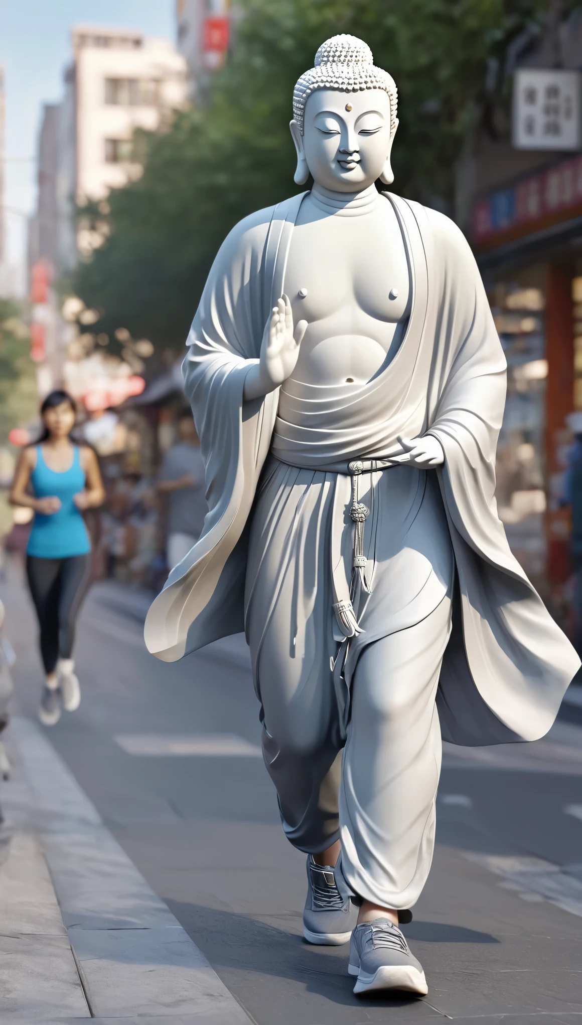 A white matte Chinese Buddha, running on a busy city street, with a peaceful face showing a hint of joy, wearing gray jogging clothes and jogging shoes, early morning sun shines, image aspect ratio is 3:4, photorealistic, ultra hires, ultra detailed,masterpiece, best quality