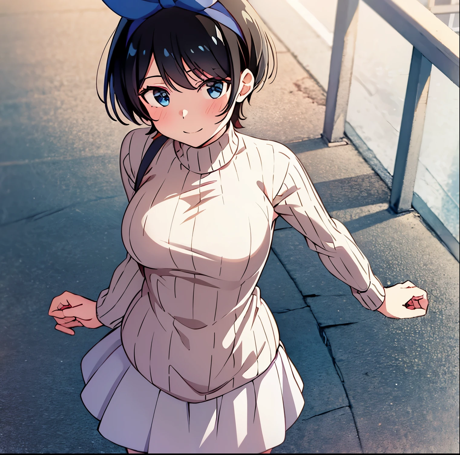 1girl, alone, ruka sarashina, main piece, high quality, high resolution, blue bow, a dark-haired woman, short hair, black hair, blue eyes, (light blue sweater: 1.2), (turtleneck: 1.2), c , white stockings, black bow, bow, blue hair band, bangs, big full breasts, medium waist, medium hips, wide thighs, cowboy photo, smile, seductive, bewildered, walking, park, sunset, looking at viewer, point of view (from above), excellent hands, excellent anatomy