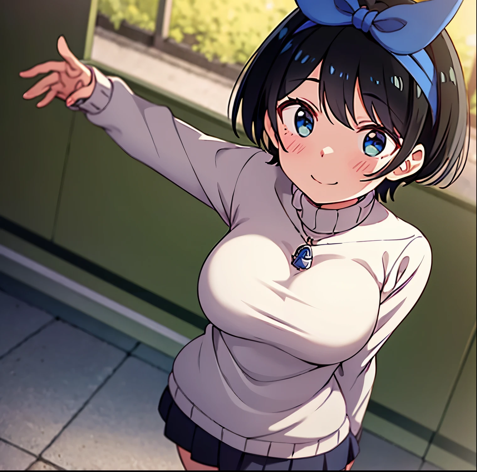 1girl, alone, ruka sarashina, main piece, high quality, high resolution, blue bow, a dark-haired woman, short hair, black hair, blue eyes, (light blue sweater: 1.2), (turtleneck: 1.2), c , white stockings, black bow, bow, blue hair band, bangs, big full breasts, medium waist, medium hips, wide thighs, cowboy photo, smile, seductive, bewildered, walking, park, sunset, looking at viewer, point of view (from above), excellent hands, excellent anatomy