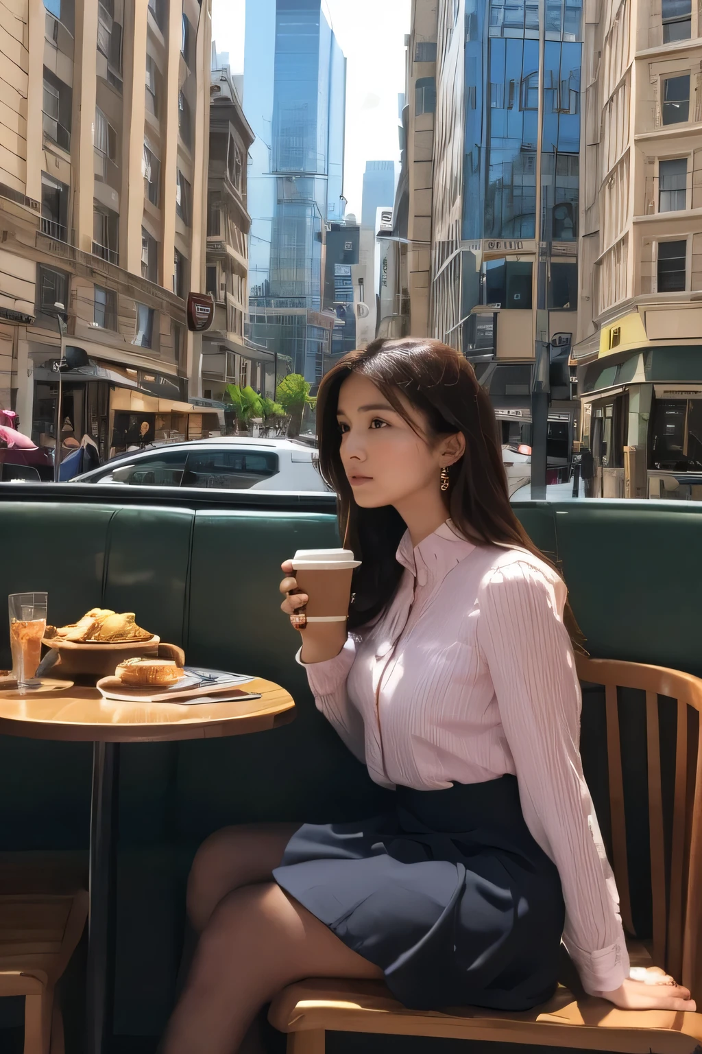 high-definition images, atmospheric perspective, 8k, super detail, accurate, best quality, angle from below, a woman, drooping eyes, blush, in the city, food track, busy, skyscrapers, (blouse, long skirt), shoulder bag, tiny earrings, coffee shop with large windows overlooking the street, takes a seat, in the spring,