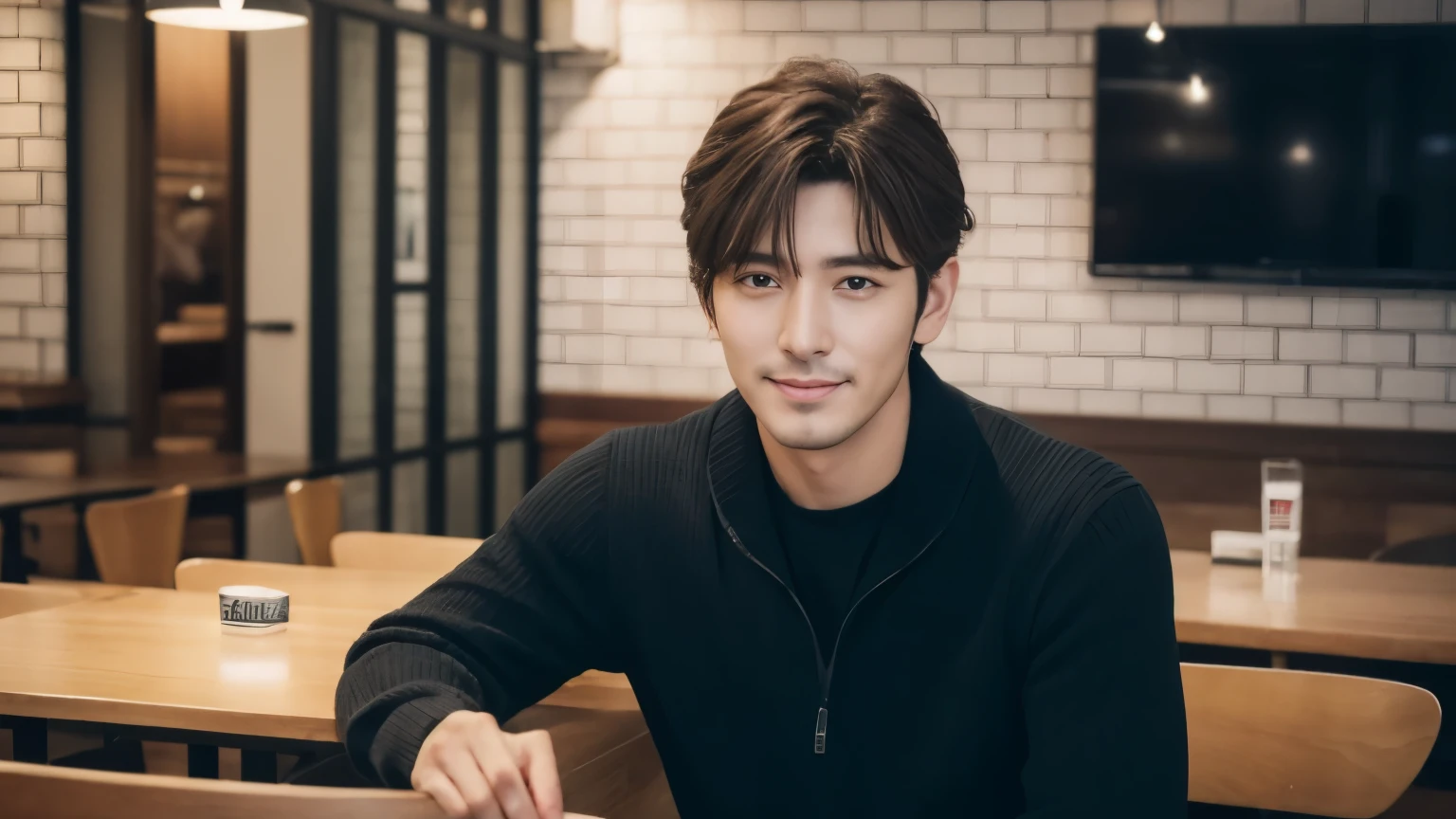 musician、Refreshingly handsome man in his 40s、（Super cool S-class boys）、Japanese male, 40 years old、、Photographed inside the cafe、a handsome guy、（CG Unity 8K high resolution photo）、（Very detailedＳクラスのa handsome guy性）、（Photorealistic）、（highest quality））、Very detailed、super high quality、expensive、Audience、kind person、Very beautiful hair　Perm Hair、Bright photo、Handsome like a model、Handsome like an idol、looking at the camera、Inside a stylish cafe、Stubble