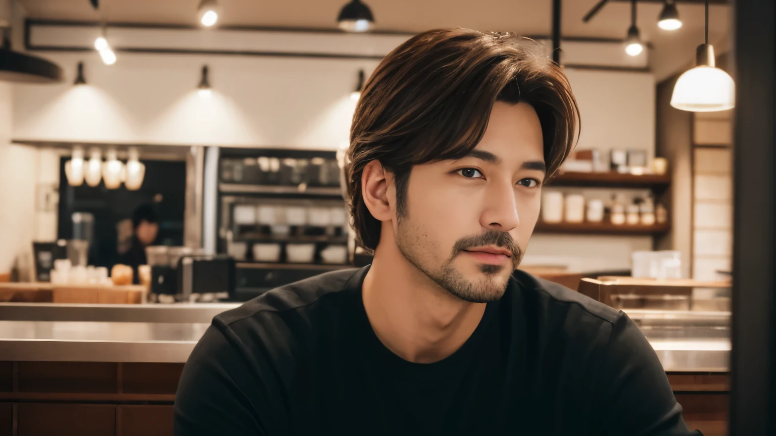 musician、Refreshingly handsome man in his 40s、（Super cool S-class boys）、Japanese male, 40 years old、、Photographed inside the cafe、a handsome guy、（CG Unity 8K high resolution photo）、（Very detailedＳクラスのa handsome guy性）、（Photorealistic）、（highest quality））、Very detailed、super high quality、expensive、Audience、kind person、Very beautiful hair　Perm Hair、Bright photo、Handsome like a model、Handsome like an idol、looking at the camera、Inside a stylish cafe、Stubble