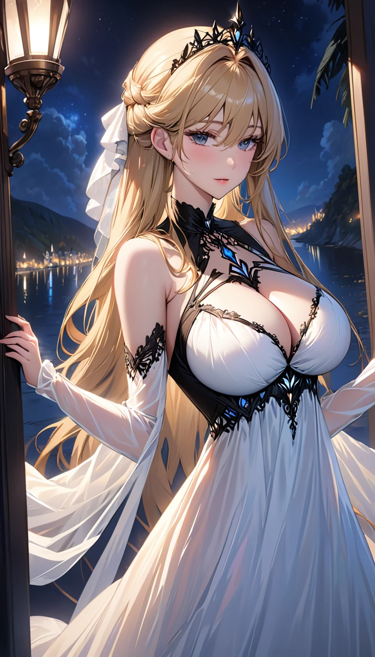 masterpiece:1.4,best-quality,Super Detail,Very Delicate and Beautiful, ( Confined Lady ), beautiful and kind lady, blonde long hair, very gigantic breasts, very slender, perfect face, black princess dress, at night