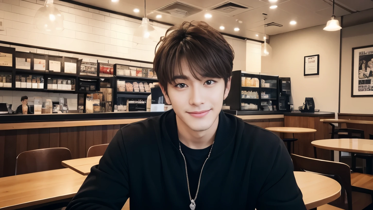 musician、Refreshingly handsome man in his 40s、(Super cool S-class boys)、Japanese male, 40 years old、、Photographed inside the cafe、a handsome guy、(CG Unity 8K high resolution photo)、(Very detailedSクラスのa handsome guy性)、(Photorealistic)、(highest quality))、Very detailed、super high quality、expensive、Audience、kind person、Very beautiful hair Perm Hair、Bright photo、Handsome like a model、Handsome like an idol、looking at the camera、Inside a stylish cafe、Stubble