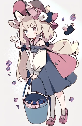 Chattotori， One girl， Pink sleeves， solo，Cat ear， Long Ponytail，Gorgeous cake dress， Full Body Lesbian，Adorable， skirt， View your viewers， Shift dress， Exposed bare shoulders， barefoot， Beautiful fine detailake your face bright red， Stand on your own two feet， clavicle， No shoulder strap， Bucket hat， footwear， law， Frills， Flat Chest， 短いskirt， Bow， long sleeves， Arms at your sides， Beautiful background，