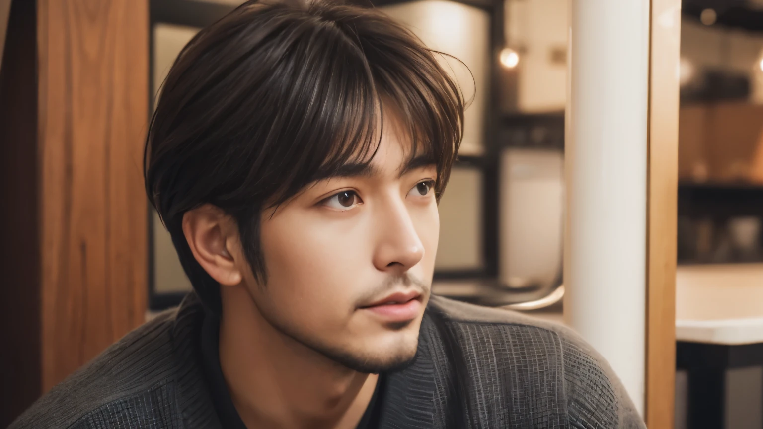 musician、Refreshingly handsome man in his 40s、（Super cool S-class boys）、Japanese male, 30 years old、、Photographed inside the cafe、a handsome guy、（CG Unity 8K high resolution photo）、（Very detailedＳクラスのa handsome guy性）、（Photorealistic）、（highest quality））、Very detailed、super high quality、expensive、Audience、kind person、Very beautiful hair　Perm Hair、Bright photo、Handsome like a model、Handsome like an idol、looking at the camera、Inside a stylish cafe、Stubble