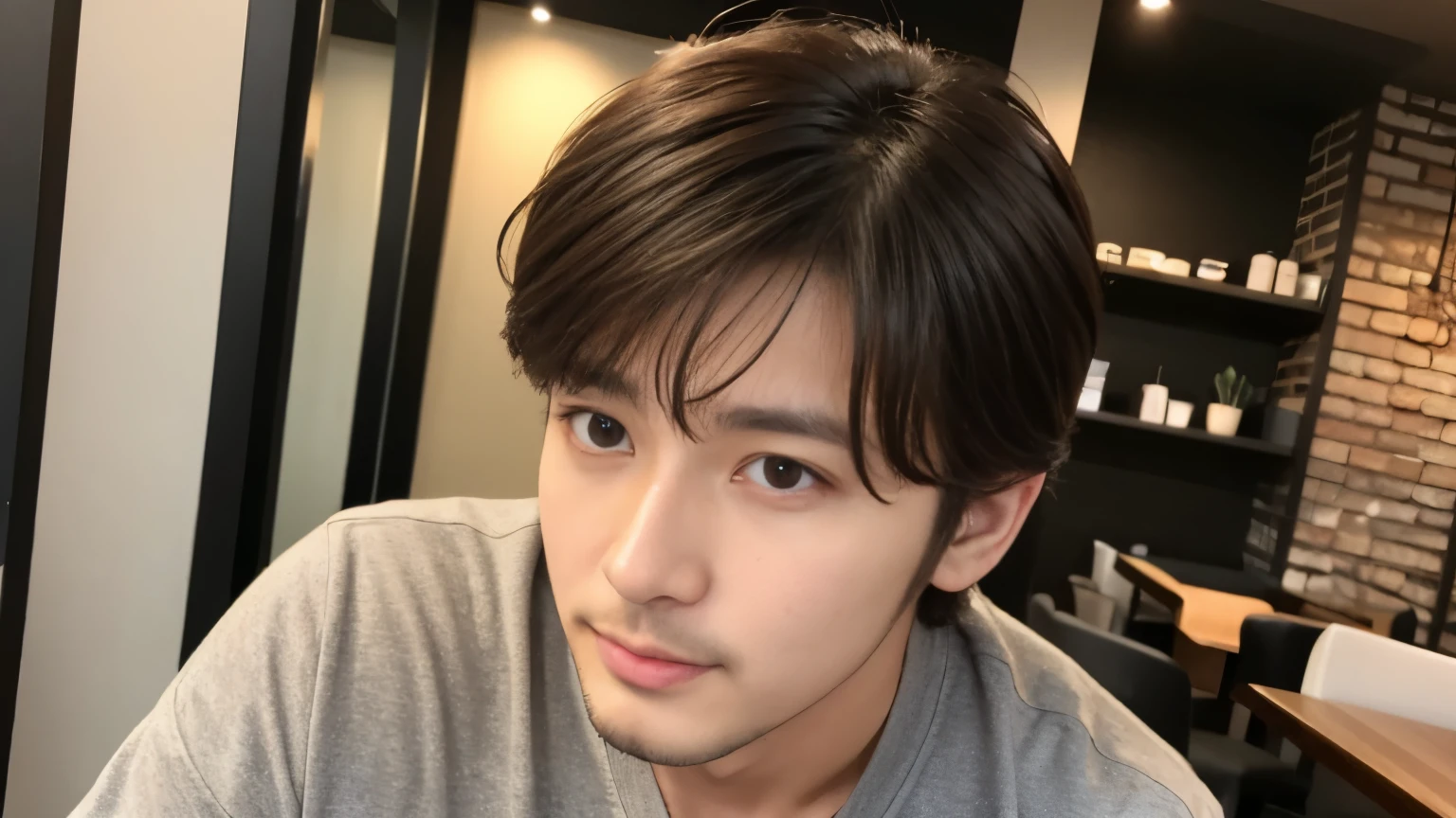 musician、Refreshingly handsome man in his 40s、(Super cool S-class boys)、Japanese male, 30 years old、、Photographed inside the cafe、a handsome guy、(CG Unity 8K high resolution photo)、(Very detailedSクラスのa handsome guy性)、(Photorealistic)、(highest quality))、Very detailed、super high quality、expensive、Audience、kind person、Very beautiful hair Perm Hair、Bright photo、Handsome like a model、Handsome like an idol、looking at the camera、Inside a stylish cafe、Stubble