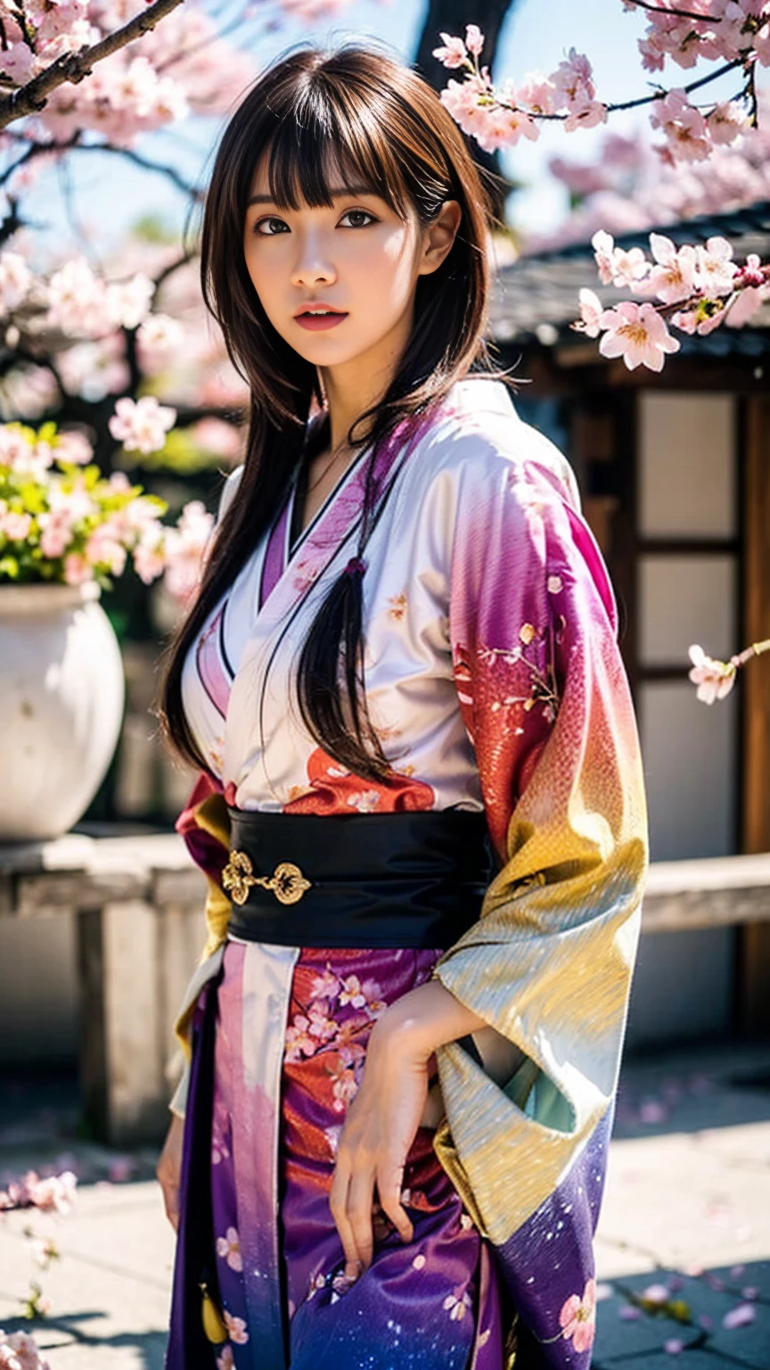 ((elaborate costume:1.6),(Traditional kimono with colorful and shiny luxury Japan:1.4),(Luxury Japanese kimono:1.4,pale and coloured Japanese kimono ,detailed embroidery:1.4)),((falling cherry blossoms:1.6)),(((Cherry blossom row),((Cherry blossom petals dance, cherry blossom blizzard)),((Super detailed scene background))),BREAK ,  1 girl, solo, show skin, extremely beautiful lady hands on hips,(looking at viewer:1.2), busty, BREAK ,intricate details,naughty, slutty, perfect hands, detailed hands, perfect eyes, detailed eyes,(serious:1.1),(gyaru:1.2), (tanned skin:1.1), (dynamic pose) ,BREAK ,(gradient ash brown colored hair:1.4), (flipped hair:1.3), (pixie cut:1.3), (streaked hair:1.2),(blunt bangs),Long narrow eyes, nasally face ,A nicely protruding chin ,(High nose),((Long bangs:1.3)),(wind:1.45), realistic, HDR, UHD, dynamic,(colorful:1.3) , blooming light effect,