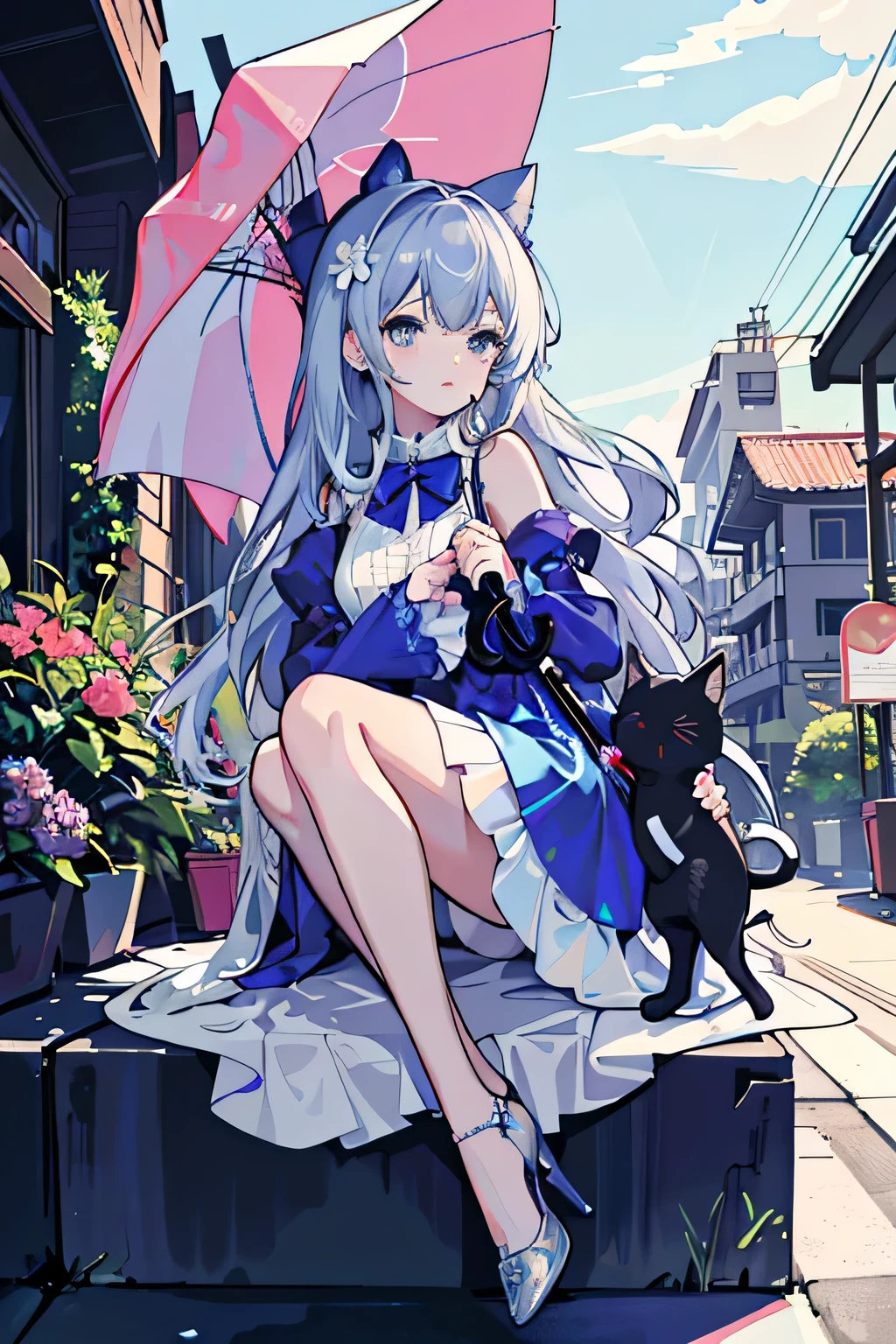 ((Best quality high resolution)), a picture of a woman in an aeolian blue dress Holding an umbrella next to a box stuffed Cat, One girl, dress, umbrella, Cat, Long Hair, Holding, flower, alone, Holding umbrella, High heels, white dress, Long sleeve, whole body, bow, View your viewers