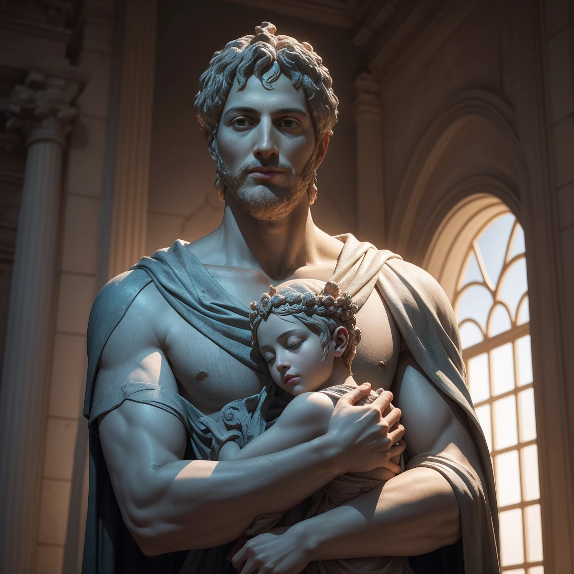 An enormous statue of Constantine the Great, "The Emperor", with a cute girl cuddling up to its neck. The serene and clear sky before dawn. A moment of tranquility. A spacious marble floor. Outdoors. A genuine treasure from the Capitoline Museums in Italy. Bliss transcending time and space. Healing, forgiveness, and repentance. A sacred prayer. Superbly beautiful. Super high quality. A masterpiece. A lyrical and heartfelt world. (best quality, 4k, 8k, highres, masterpiece:1.2), ultra-detailed, (realistic, photorealistic, photo-realistic:1.37), HDR, UHD, studio lighting, ultra-fine painting, sharp focus, physically-based rendering, extreme detail description, professional, vivid colors, bokeh, portraits, landscape, cute, peaceful, dawn atmosphere, surreal, enchanting, magical, delicate, affectionate, ethereal, tranquil, magnificent, captivating, dreamlike lighting, soft pastel colors, gentle rays of sunlight