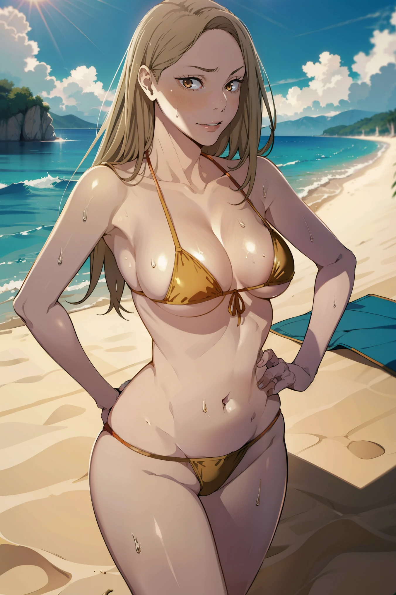 1girl, solo,underwear, navel, breasts, realistic, long hair,, lips, lipstick, smiling, looking at viewer, blonde hair, collarbone,golden eyes, sitting, cowboy shot, standing, from Above, micro bikini bikini, legs open, dynamic pose, white skin, pale skin,slim waist, sweaty armpits, outside, sun, skies, blue skies, seaside, beach sand, cameltoes, 16:9, closed mouth, hands on hips
