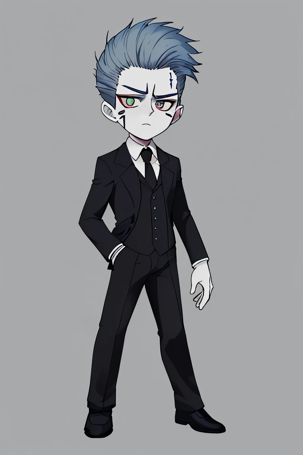,Frankenstein's monster in a suit,,full body,gray background,chibi,Landscape,upright,Lower your hands,Well-built,５Head to Body,Scars on the face,Muscular,White of the eyes,tall,