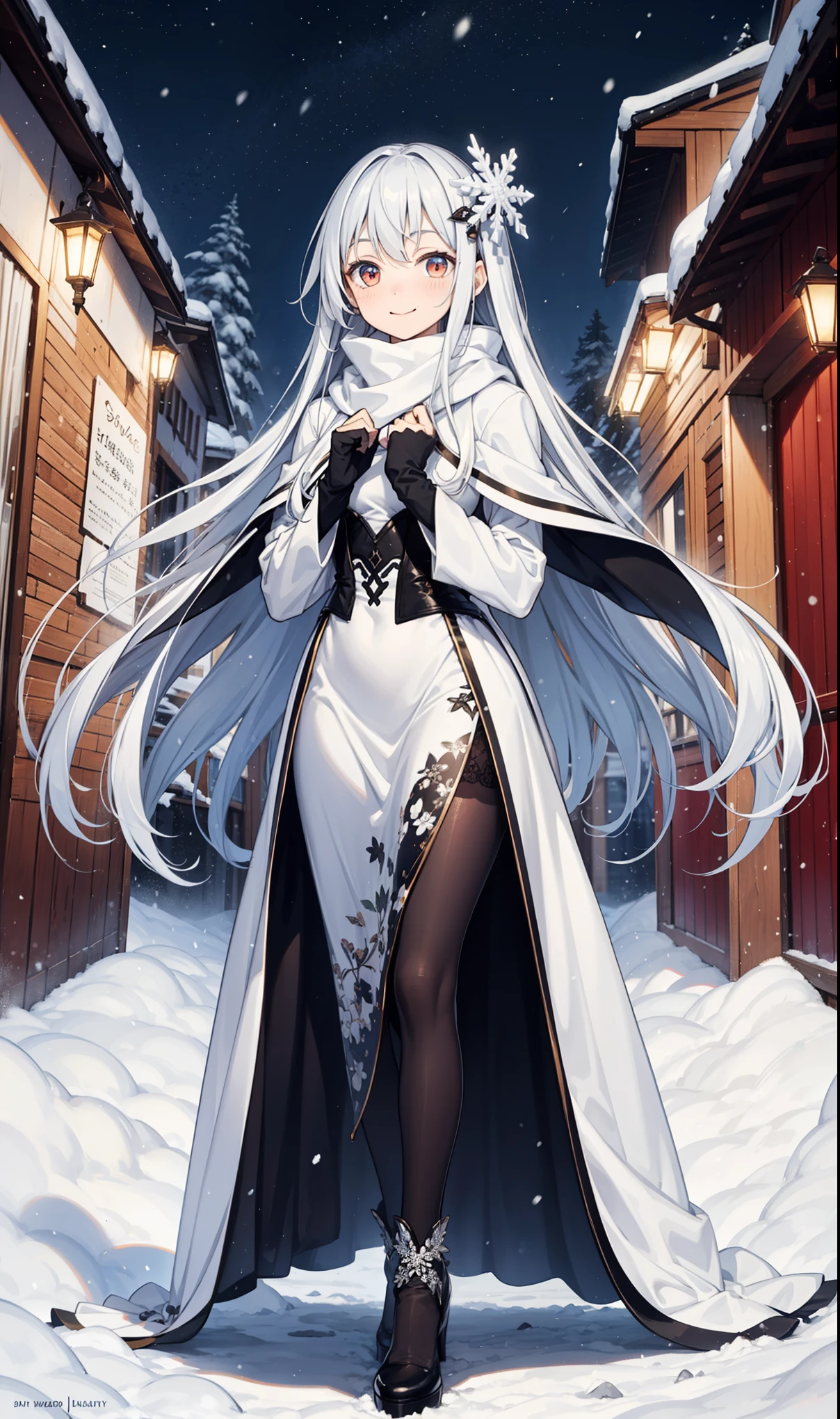 girl，Smile,in love，Moderate，(Black and white hollow dress long dress winter skirt)，Translucent clothing，holy，Colorful transparent skirt，beautiful pattern，sky blue pattern，snowy night，Transparent lace，Dress nicely，The only person，Special hairstyle，Mythical courtyard，(night:1.1)，blizzard，(Snowflakes flying)，(Black long sling boots:1.1)，Pantyhose，Delicate and beautiful face，Sitting，Playing in the snow，Red Eyes, Frosty white hair，Warm down，a scarf around the neck