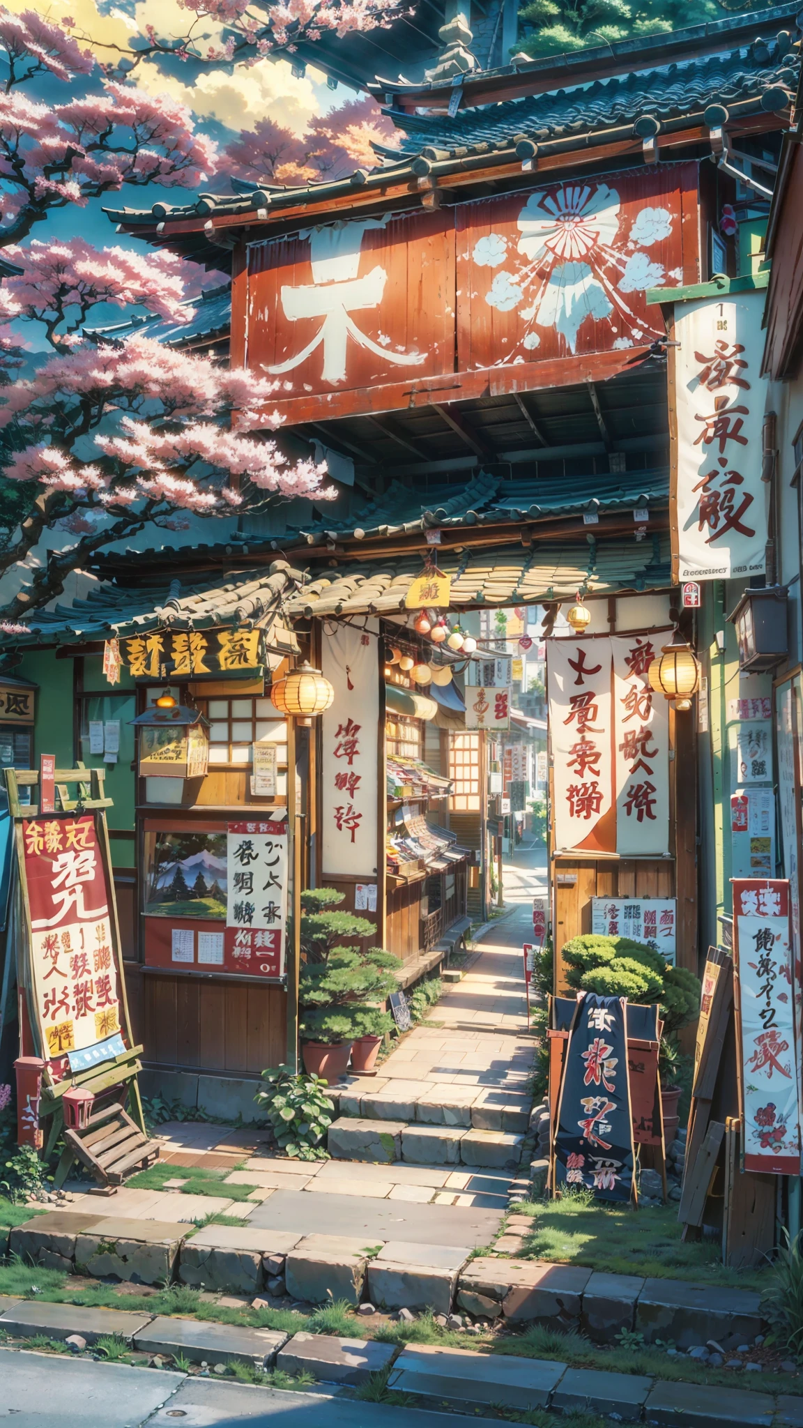 there is a retro japanese shop on the side of a path by itself, japanese banners and signs on the shop, vibrant, morning, bright-blue sky, dramatic weather, anime scenery, japanese town, beautiful anime scenery, beautiful anime scene, japanese neighborhood, anime background art, japanese street, anime landscape, japanese village, anime landscape, japanese city, anime nature, anime beautiful peace scene, tokyo - esque town, anime scenery concept art, detailed scenery