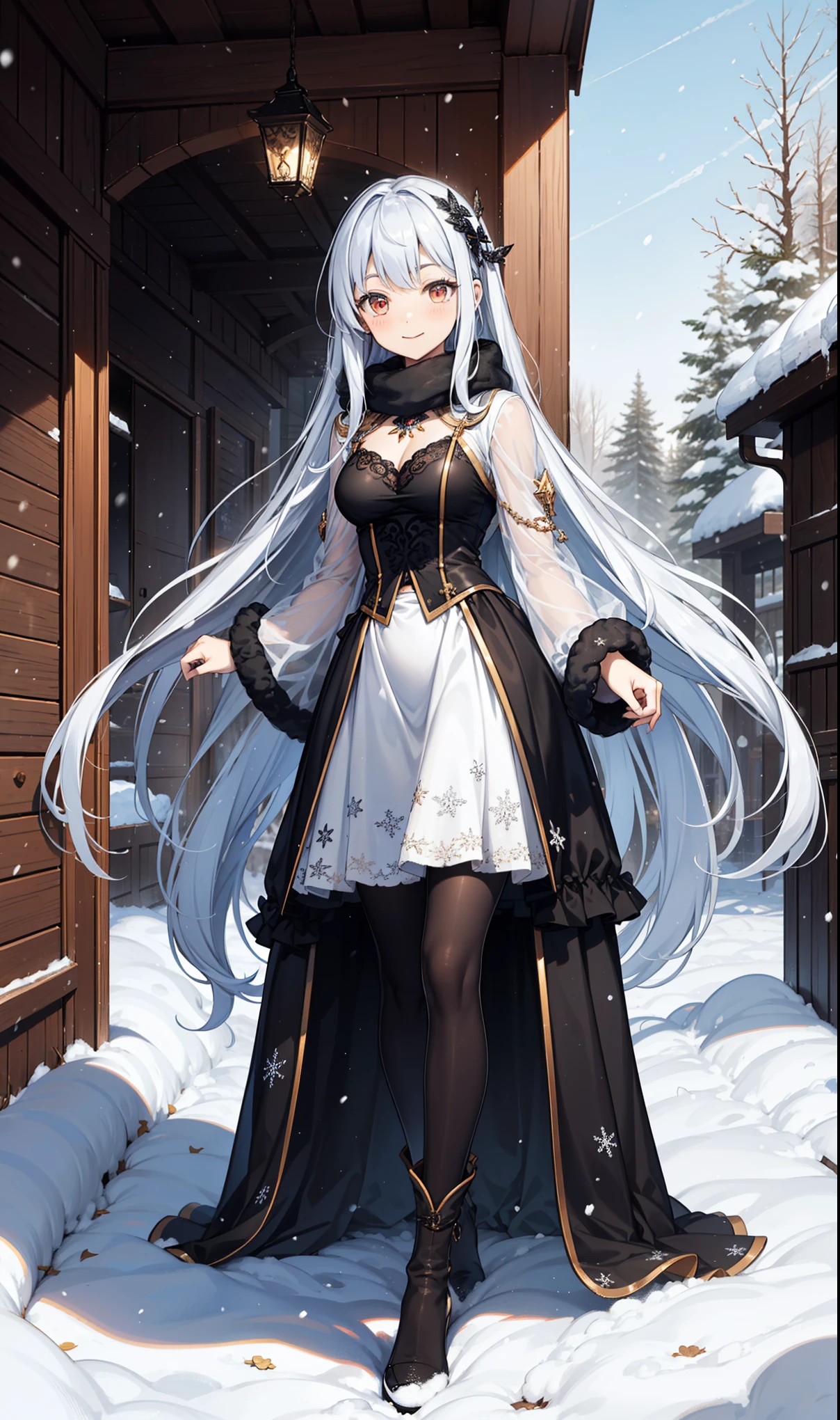girl,Smile,in love,Moderate,(Black and white hollow dress long dress winter skirt),Translucent clothing,holy,Colorful transparent skirt,beautiful pattern,sky blue pattern,snowy night,Transparent lace,Dress nicely,The only person,Special hairstyle,Mythical courtyard,(night:1.1),blizzard,(Snowflakes flying),(Black long sling boots:1.1),Pantyhose,Delicate and beautiful face,Sitting,Playing in the snow,Red Eyes, Frosty white hair,Warm down,a scarf around the neck