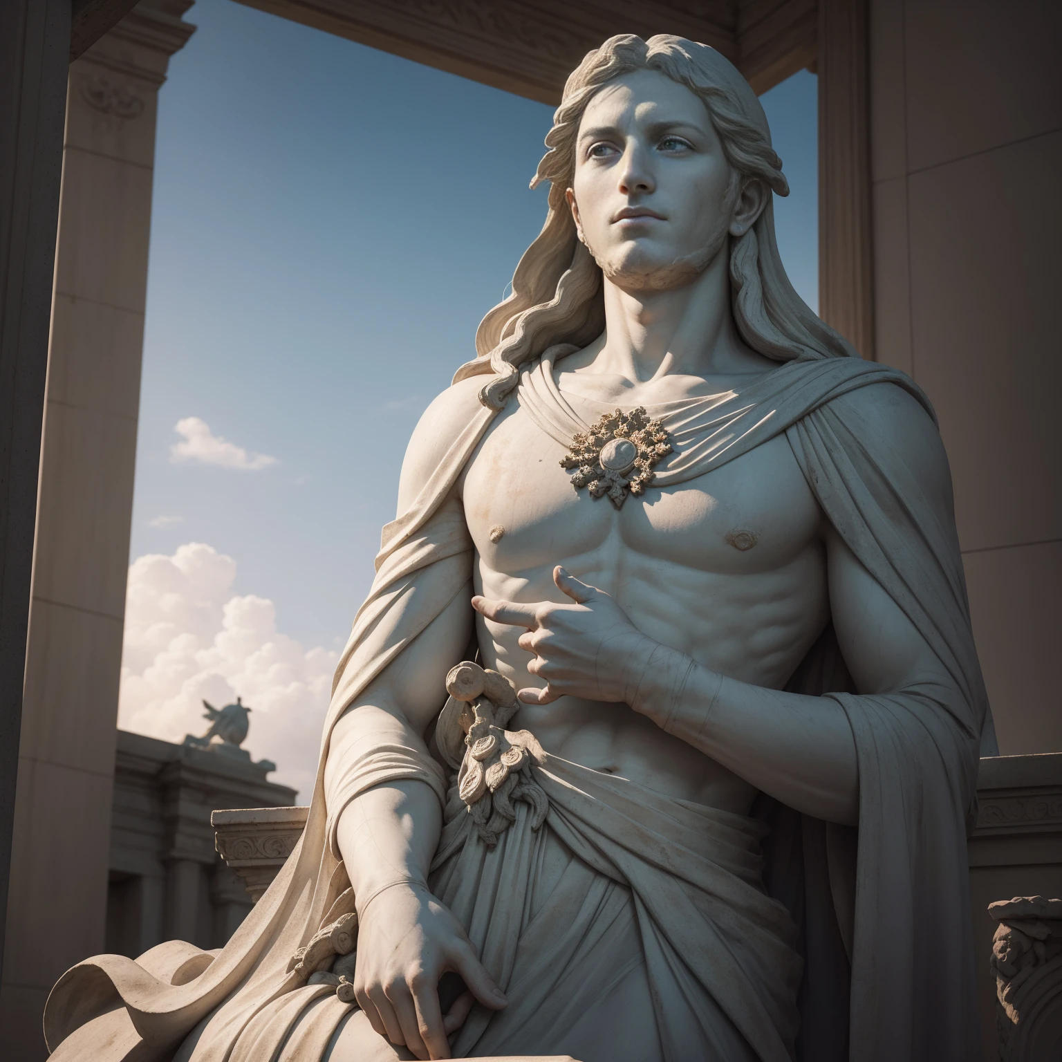 An enormous statue of Constantine the Great, "The Emperor", with a cute girl cuddling up to its neck. The serene and clear sky before dawn. A moment of tranquility. A spacious marble floor. Outdoors. A genuine treasure from the Capitoline Museums in Italy. Bliss transcending time and space. Healing, forgiveness, and repentance. A sacred prayer. Superbly beautiful. Super high quality. A masterpiece. A lyrical and heartfelt world. (best quality, 4k, 8k, highres, masterpiece:1.2), ultra-detailed, (realistic, photorealistic, photo-realistic:1.37), HDR, UHD, studio lighting, ultra-fine painting, sharp focus, physically-based rendering, extreme detail description, professional, vivid colors, bokeh, portraits, landscape, cute, peaceful, dawn atmosphere, surreal, enchanting, magical, delicate, affectionate, ethereal, tranquil, magnificent, captivating, dreamlike lighting, soft pastel colors, gentle rays of sunlight