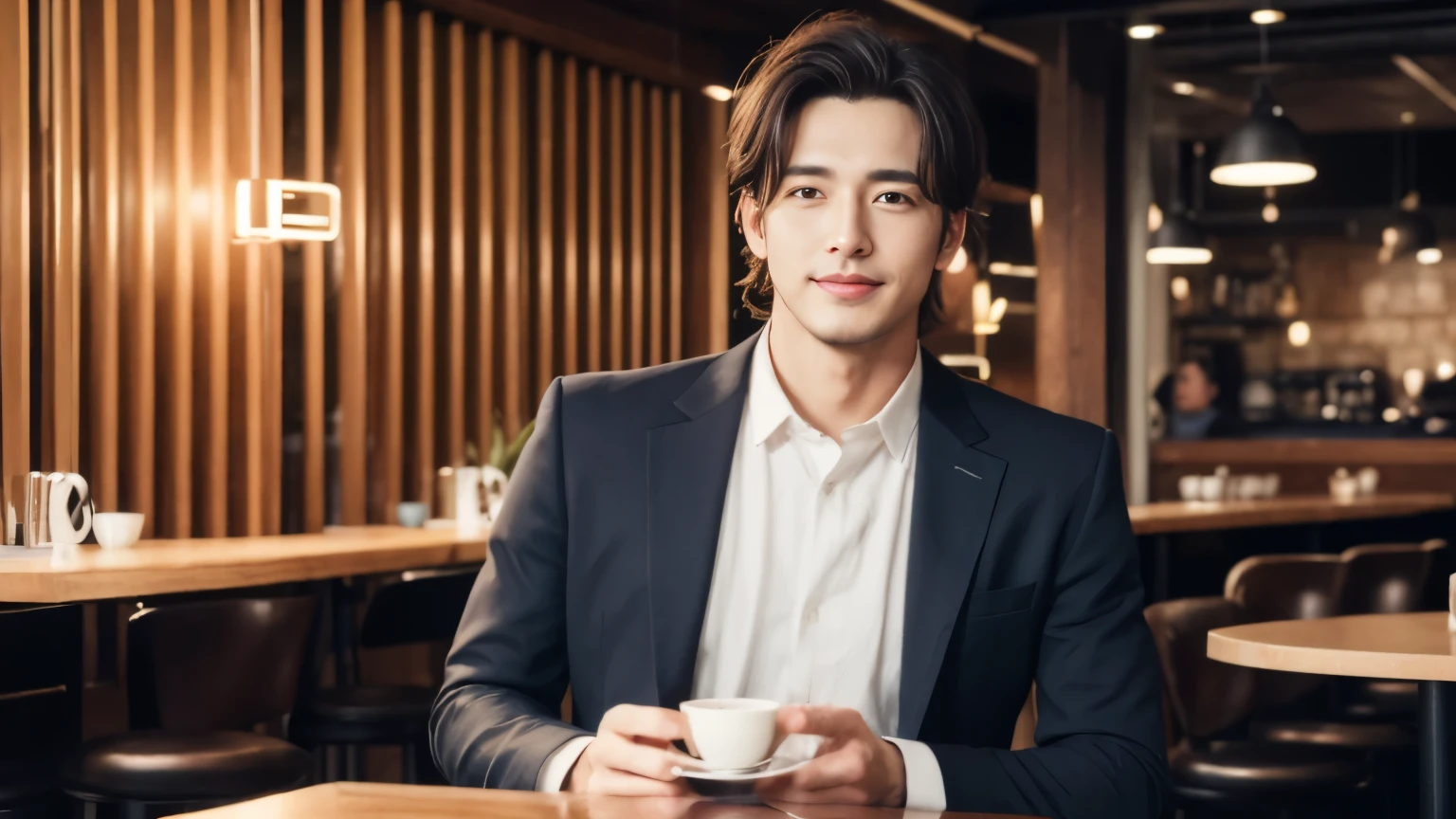 musician、Refreshingly handsome man in his 40s、(Super cool S-class boys)、Japanese male, 30 years old、、Shooting in a stylish and chic cafe、a handsome guy、(CG Unity 8K high resolution photo)、(Very detailedSクラスのa handsome guy性)、(Photorealistic)、(highest quality))、Very detailed、super high quality、expensive、Audience、kind person、Very beautiful hair Perm Hair、Bright photo、Handsome like a model、Handsome like an idol、looking at the camera、Inside a stylish cafe、Stubble