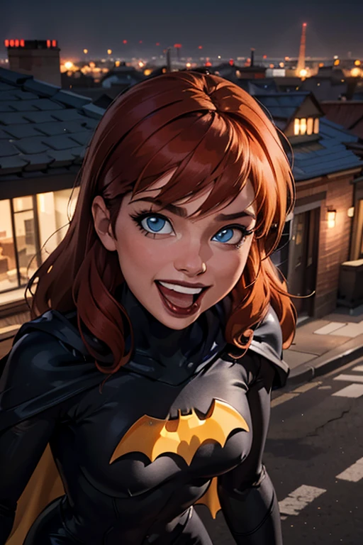 babs, red hair, blue eyes, black bodysuit,cape, looking at viewer, happy, laughing, mouth open, close up shot, 
outside, apartment roof, cityscape, night, moon, extreme detail, hdr, beautiful quality,   