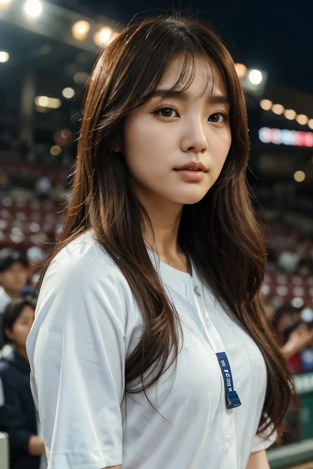 "best quality", "Photorealistic images", "best resolution", "Aspect ratio 16:9". Create a lovely photo of the most beautiful, long-haired Korean woman in her 20s looking at the most handsome Korean man in his 20s with starry eyes while countless spectators raise their hands and cheer inside the Jamsil Baseball Stadium in Korea..