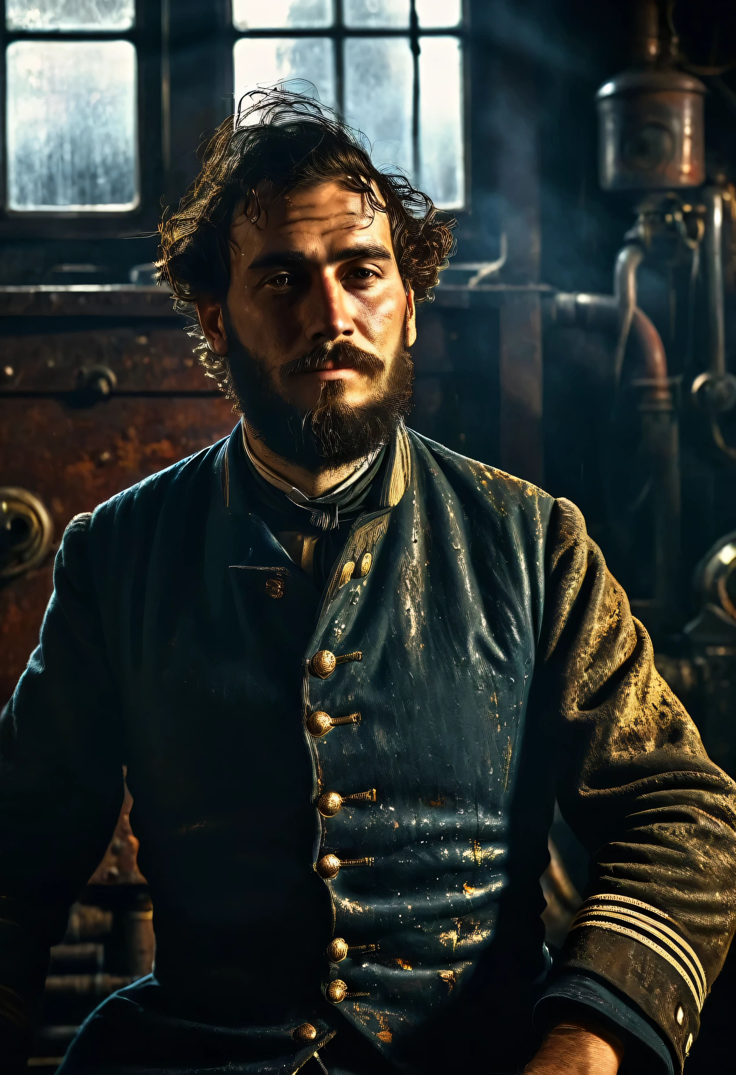 Cinematic render of gritty maritime engine room interior, dark tones with dramatic light and shadow, front view of grizzled ship's stoker in filthy oil-stained clothing, face creased with strain and grime from back-breaking labor, photorealism, 1910s industrial setting(((distortion light from a window))) ((Rural Life in England 19th century era))((Vintage colors)), (( Extra high resolution)), Realistic picture, Victorian style, looking forward, love bond, trendy clothing, Charming smile, the beauty of nature, professional lighting, Contemporary style, artistic elements, Victorian beauty, professional lighting, Contemporary style, artistic elements of shadows Super-Resolution, Megapixel, the king sitting, ProPhoto RGB, VR, Spotlight, Frontlight, Halfrear Lighting, Backlight, Rim Lights, Rim Lighting, Artificial Lighting, Natural Lighting, Incandescent, British Style
Copy
Retr
